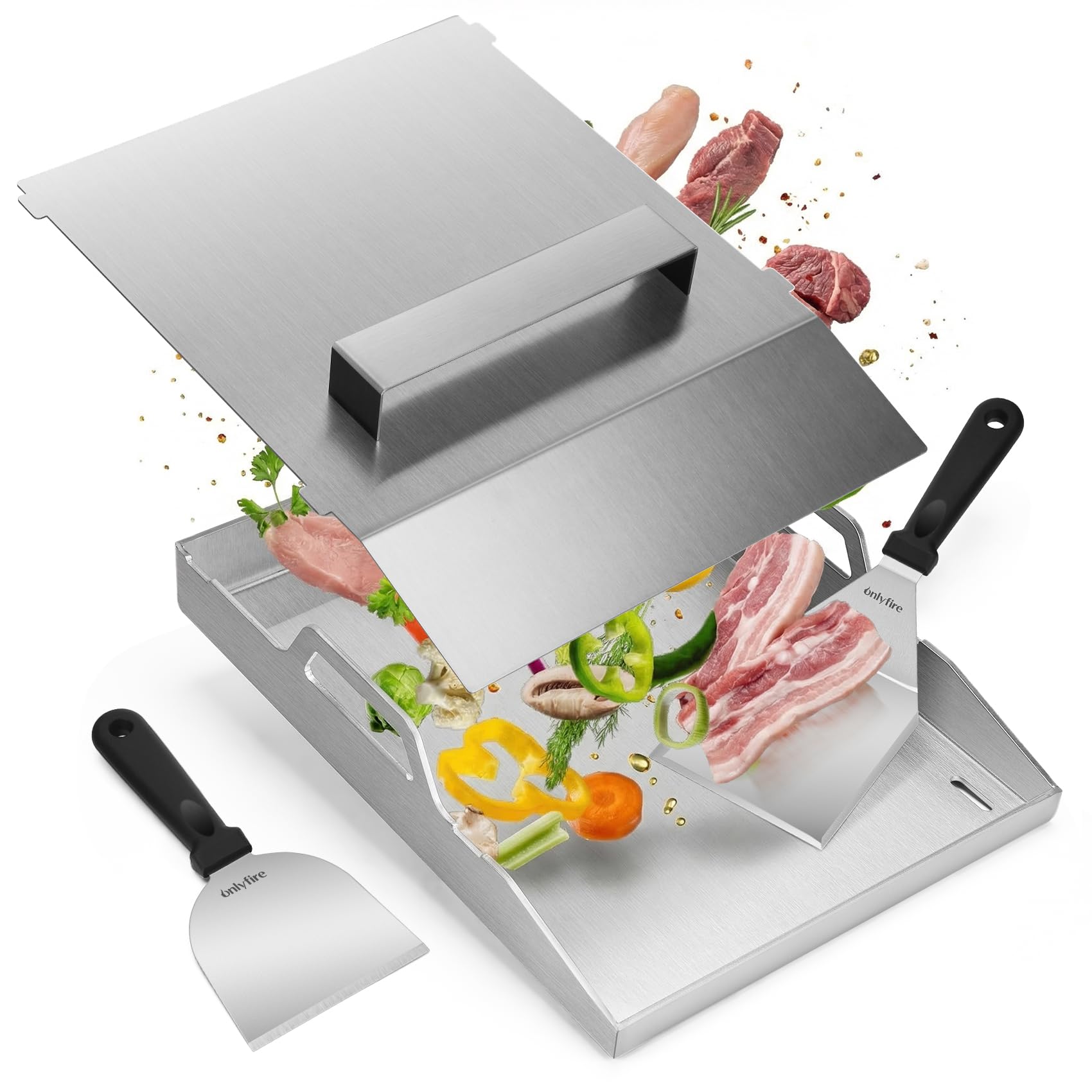 Onlyfire Plancha para Barbacoa 40x30cm de Acero Inoxidable, Plancha Grill con Tapa y 2 Espátulas, Universal, 40x30cm, para Parrillas de Gas y Camping