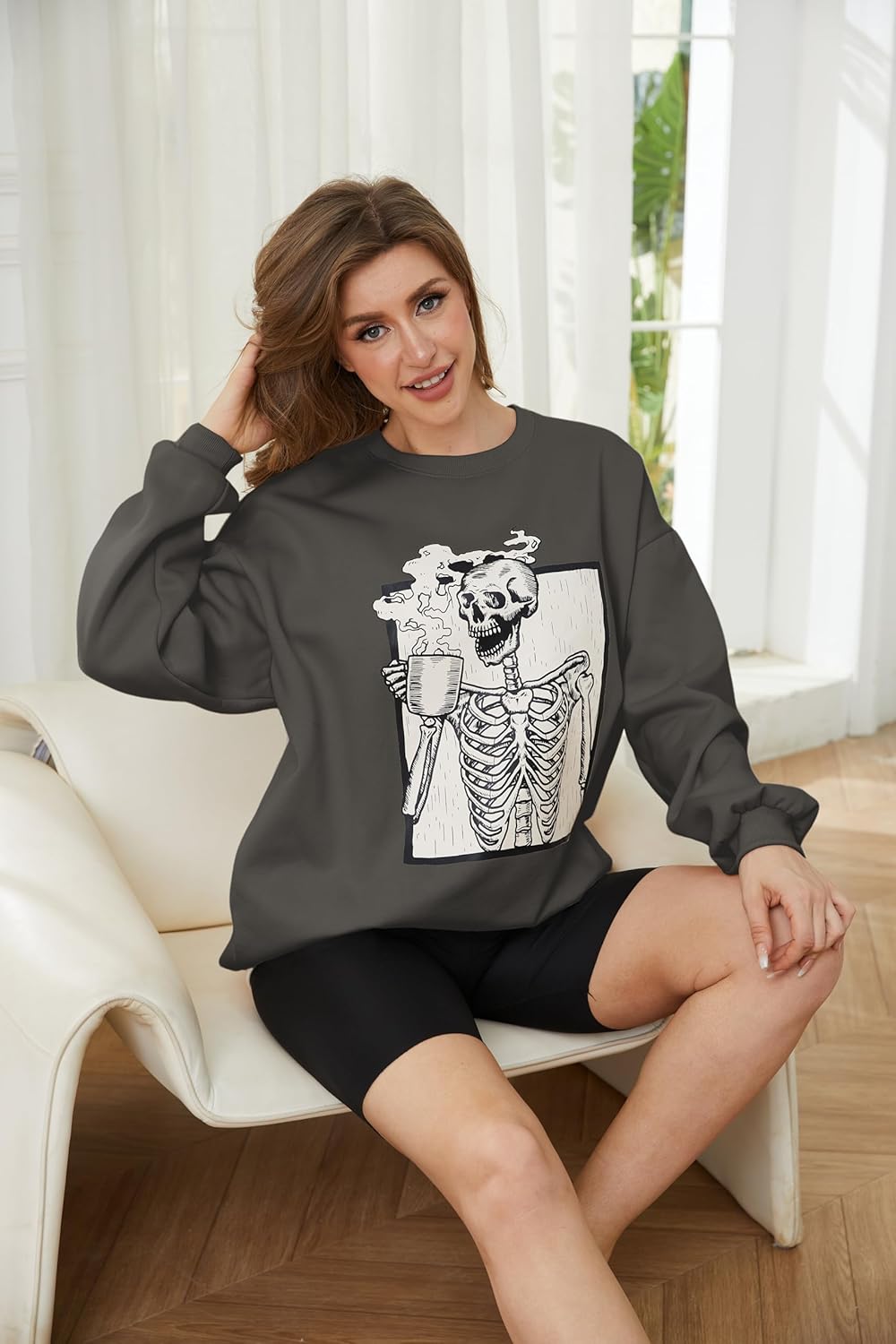Meladyan Halloween Skull Graphic Print Fleece Oversized Sweatshirt Crewneck Long Sleeve Drop Shoulder Pullover - Image 3