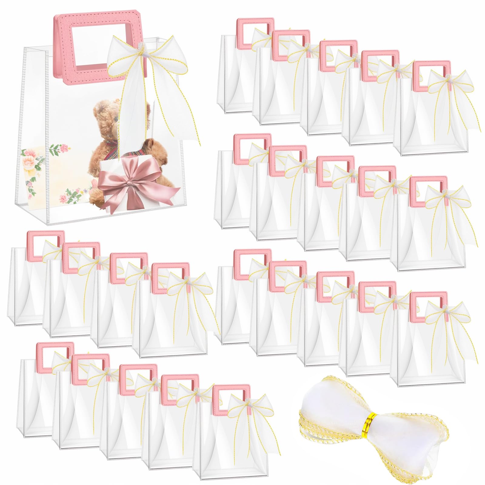 24 bolsas de regalo transparentes con asas y cinta de cola de pez, bolsa de regalo de PVC transparente reutilizable a granel, bolsas de plástico resistentes para boda, cumpleaños, recuerdo de fiesta,