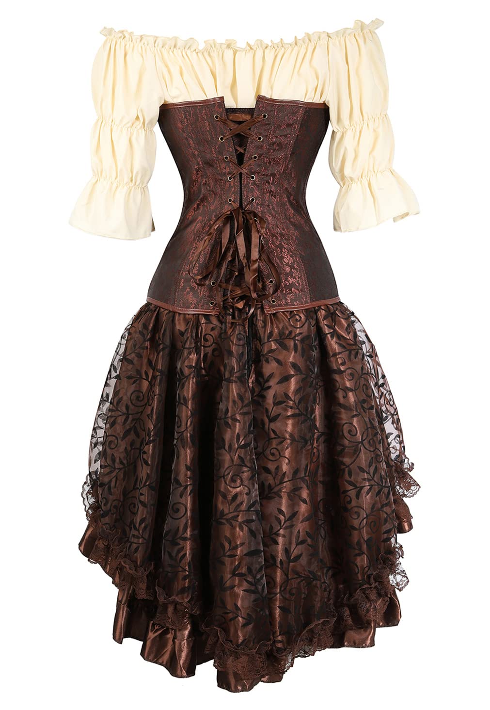Grebrafan Karneval Retro Corsage mit Rock und Piratenbluse | Vampir Halloween Kostüm Korsett Damen mit Corset Gothic