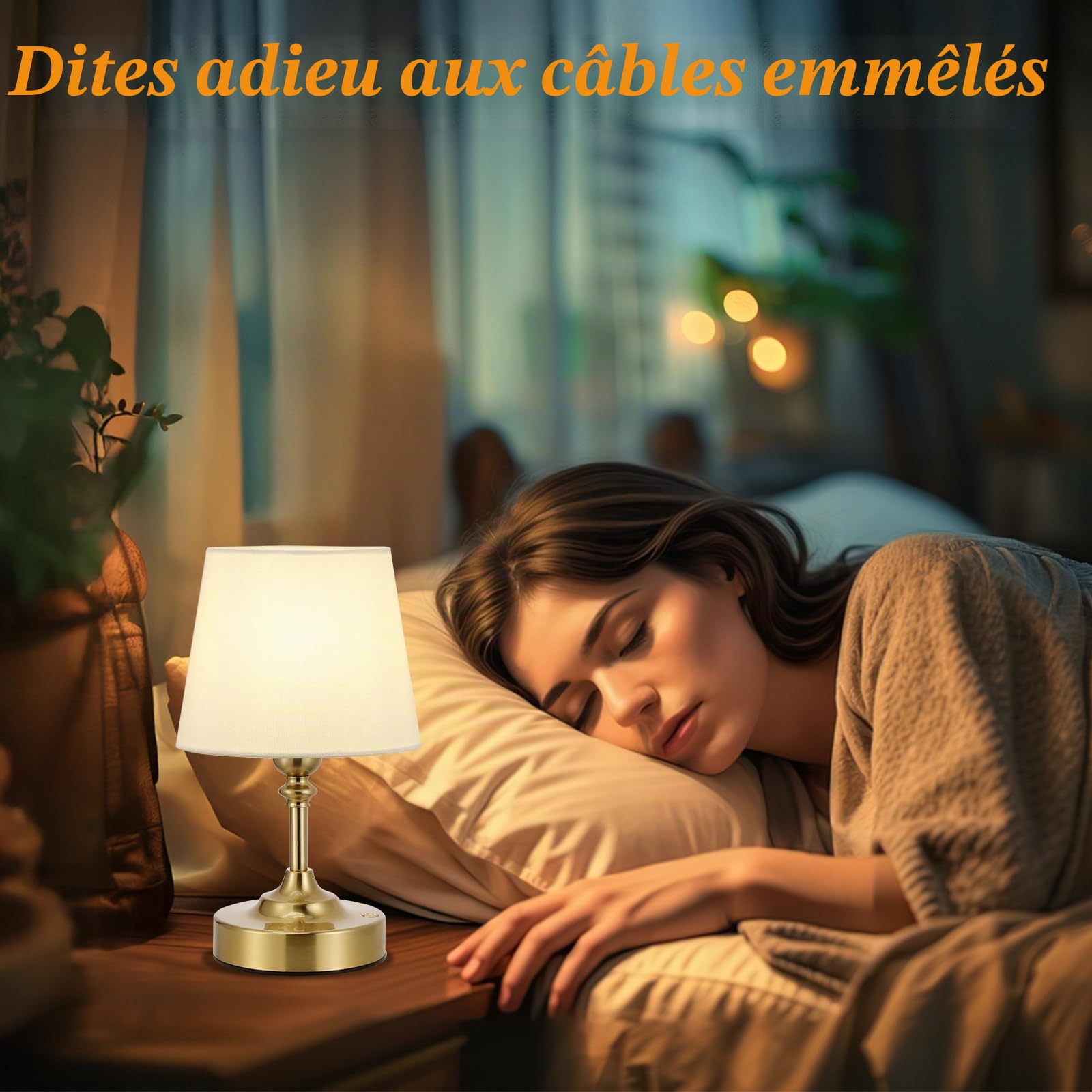 Petite Lampe de Chevet Tactile, LED Lampe de Table Sans Fil Batterie Rechargeable, Variateur Continu, Abat-jour en Lin Blanc, pour Chambre à Coucher Salon Cuisine Décoration(Laiton)