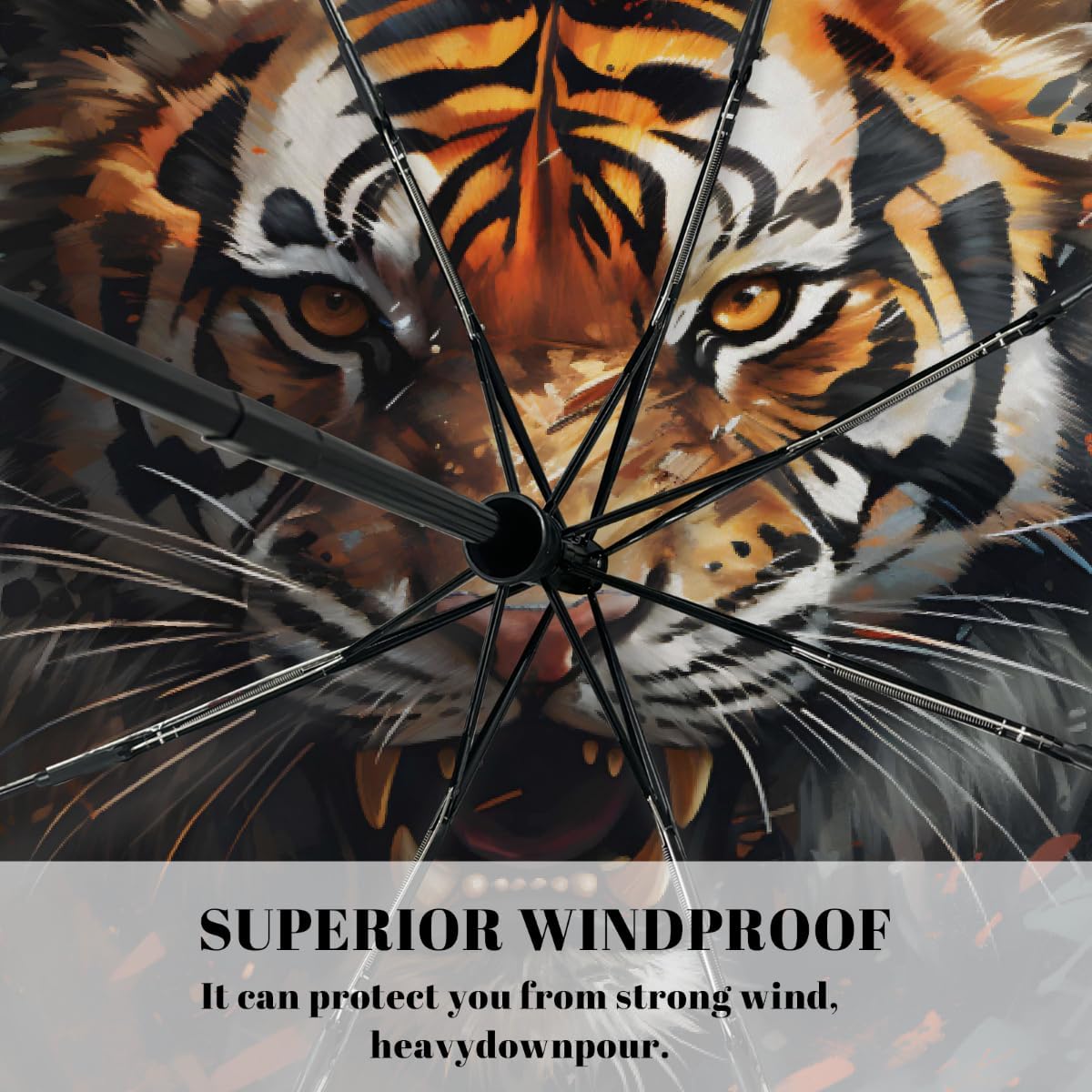 Oil Painting Animal Tiger Folding Umbrella Windproof Compact Lightweight Travel Umbrella with 8 Reinforced Ribs, Portable UV Sun & Rain Protection for Men & Women