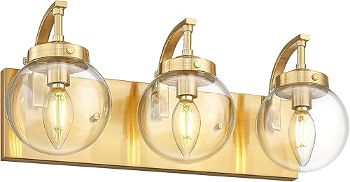 Miniatura 8 de Beionxii BX-VL03BG-3CG - Lámpara de tocador de baño de 3 luces de oro cepillado, modernas luces de tocador con pantalla de vidrio transparente,