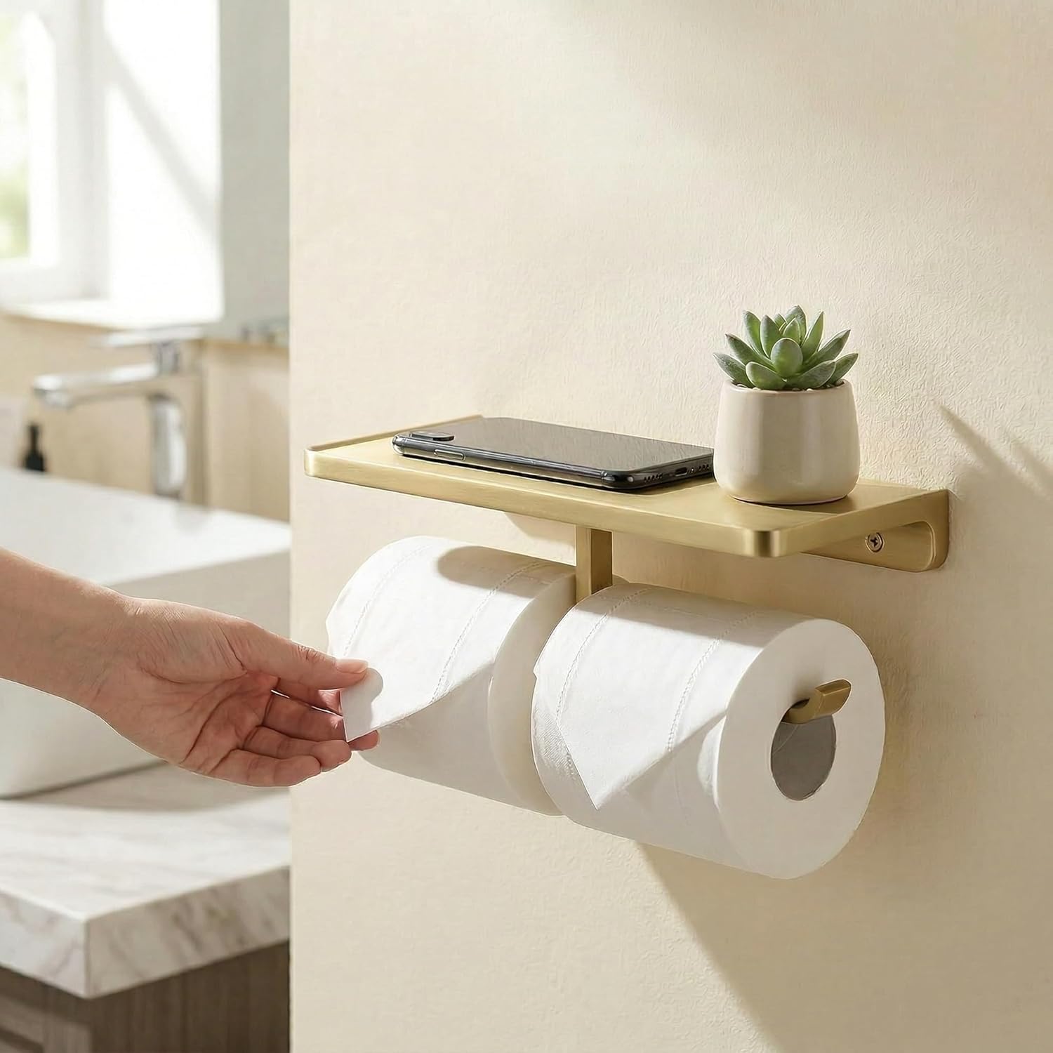 Dual Roll Toilet Paper Holder with Phone Shelf, Solid Metal Bathroom Accessory Tissue Dispenser Storage Wall Mounted, Spot Resist, Brushed Gold