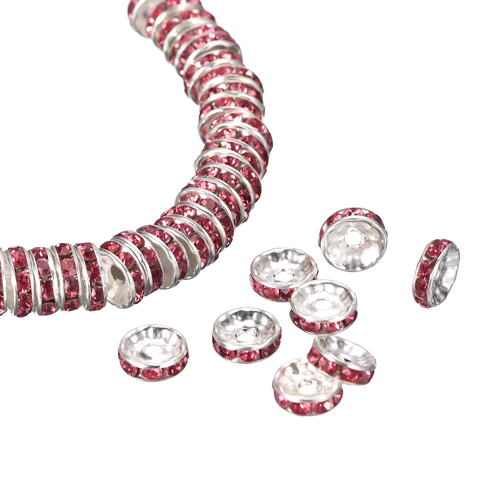 Sourcing Map 200Pcs 8mm Rondelle Beads, Silver Plated Rhinestone Spacer, Round Loose Beads for DIY Bracelet Necklace Jewelry Making Supplies, Rose Red