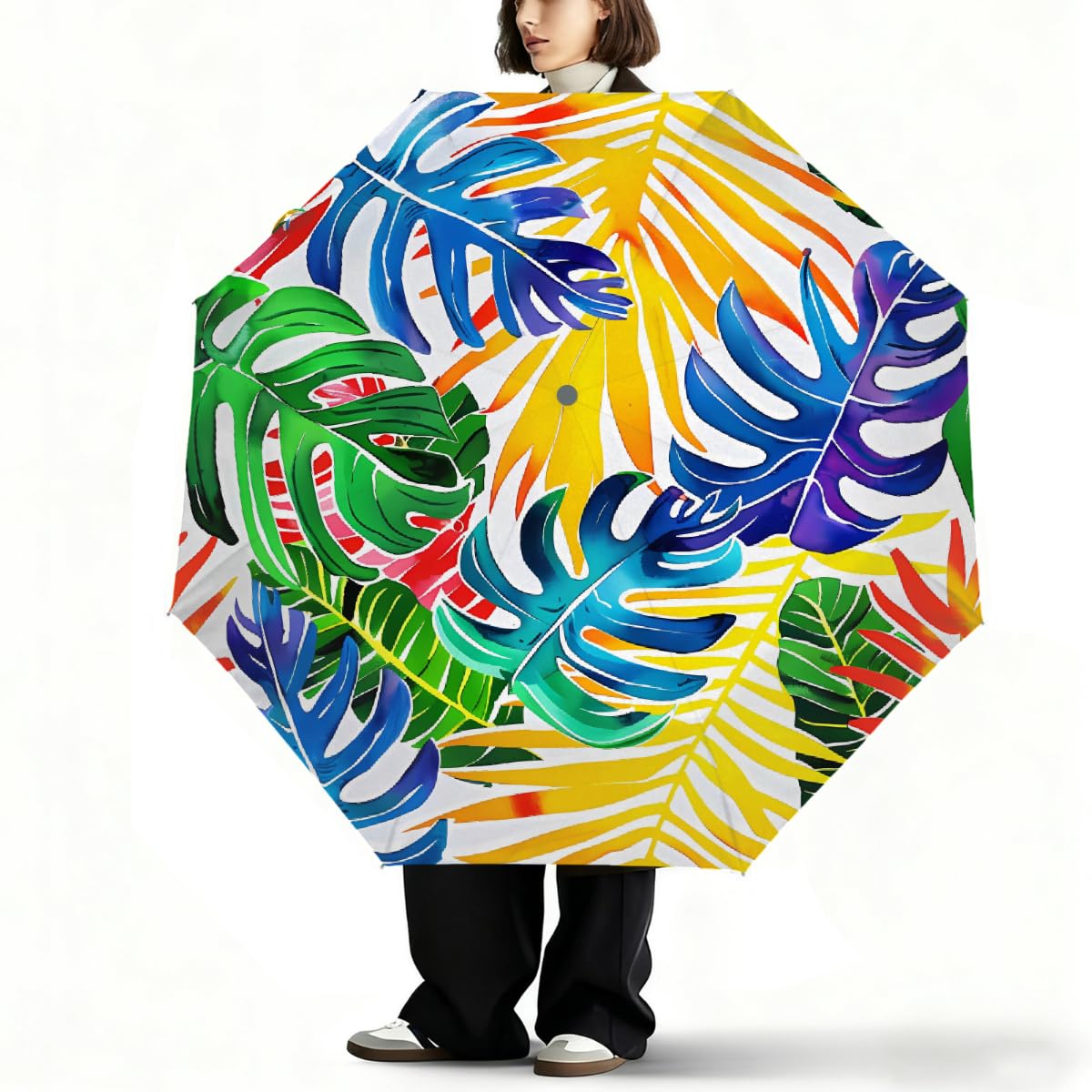 Ombrello pieghevole con foglie di palma tropicali colorate, ombrello da viaggio, compatto, antivento, impermeabile, con protezione UV, rivestimento nero, leggero, 8 costine, portatile, per