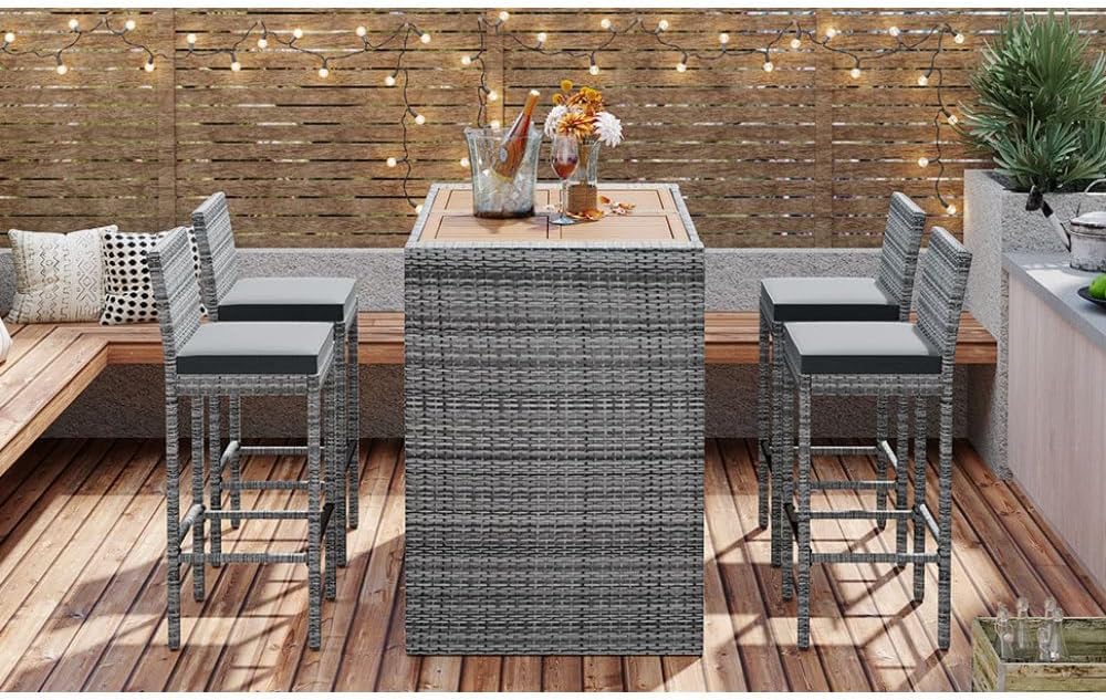 5-Pieces Outdoor Patio Wicker Bar Set, Bar Height Chairs with Non-Slip Feet and Fixed Rope, Removable Cushion, (Gray + Wicker + Yes)