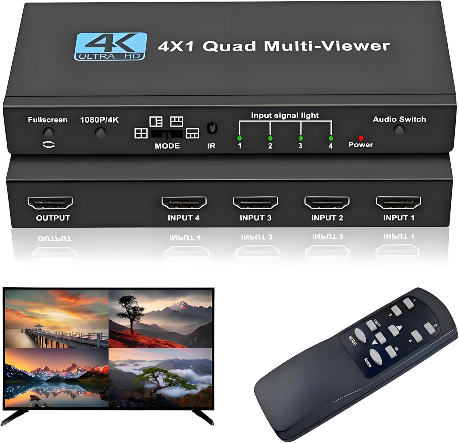 HDMI Multi-Viewer 4X1, Seamless Switcher 4 in 1 Out, Quad Multi Viewer Switcher with IR Remote, Supports 4K 30Hz, 1080P@60Hz, 5 Display Modes Multiviewer Switch for Security Camera, Gaming Consoles