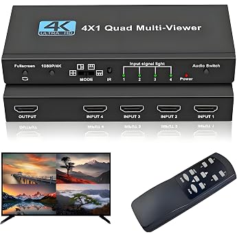 HDMI Multi-Viewer 4X1 Seamless Switcher 4 in 1 Out Quad Multi Viewer Switcher with IR Remote Control Supports 4K@30Hz 1080P@60Hz 5 Display Modes Multiviewer Switch for Cameras Game Consoles