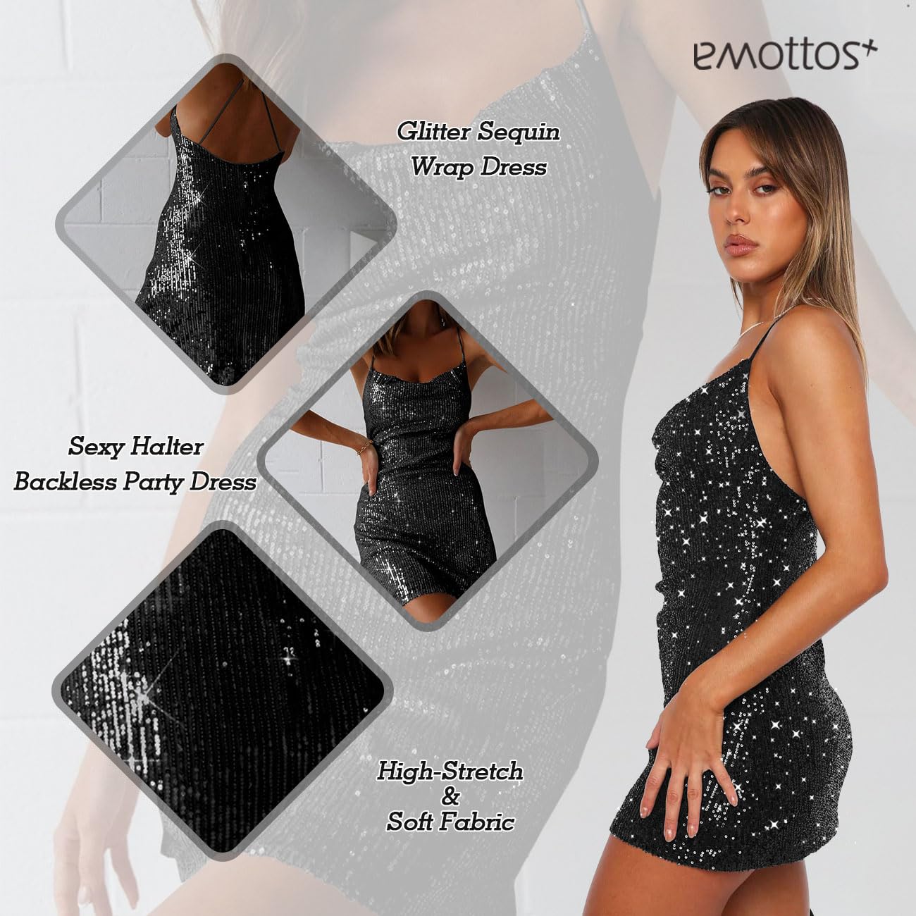 Vestido Mini con Lentejuelas y Purpurina, Vestidos Sexy Espalda con Cuello Halter y Forro, Vestido cóctel Brillante Lentejuelas de Leopardo sin Tirantes(Caqui/Negro/Plateado, Tallas S-XL)