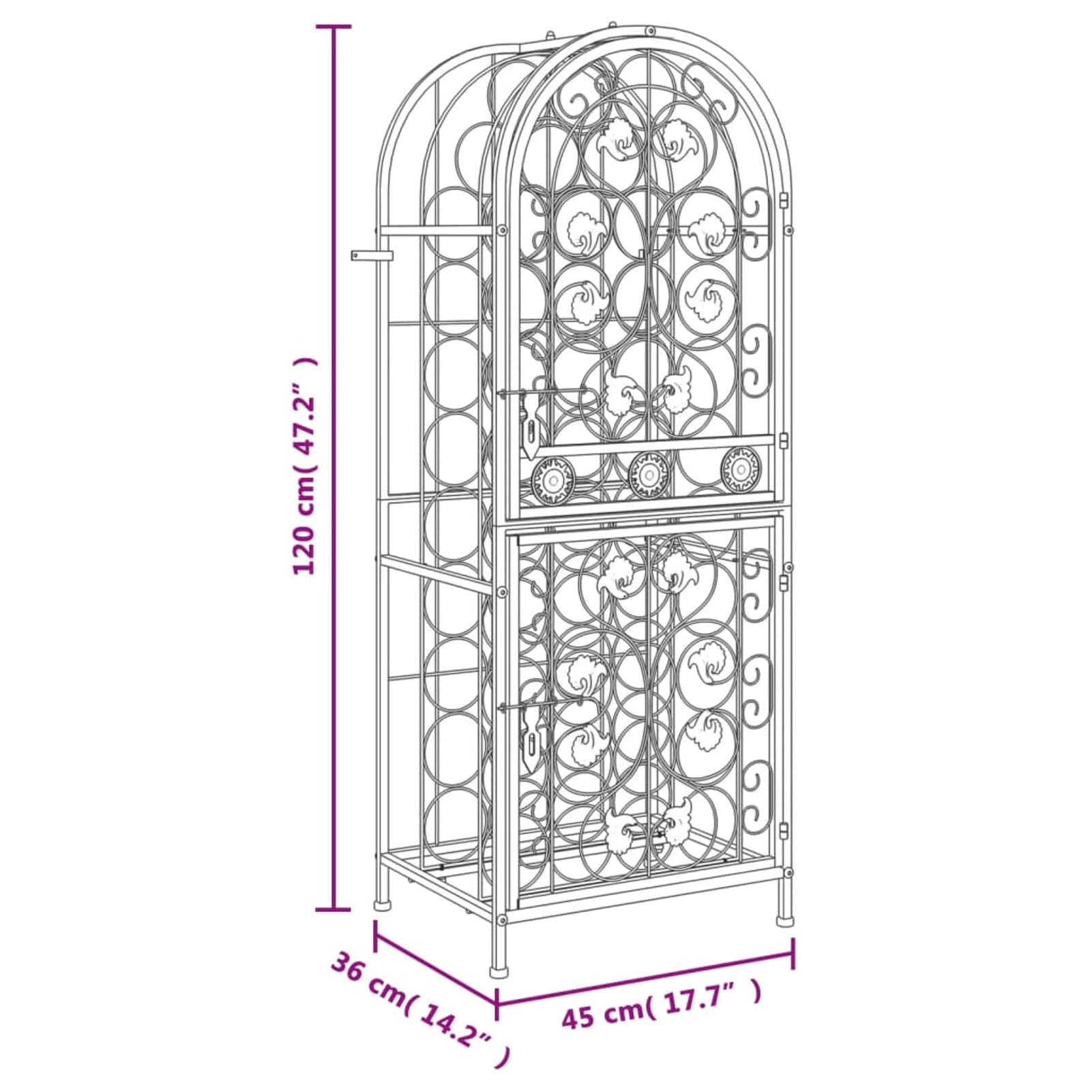 Homgoday Botellero de vino, botellero de vino, botellero de vino, soporte para vino, mueble para 41 botellas, negro, 45 x 36 x 120 cm, de hierro forjado