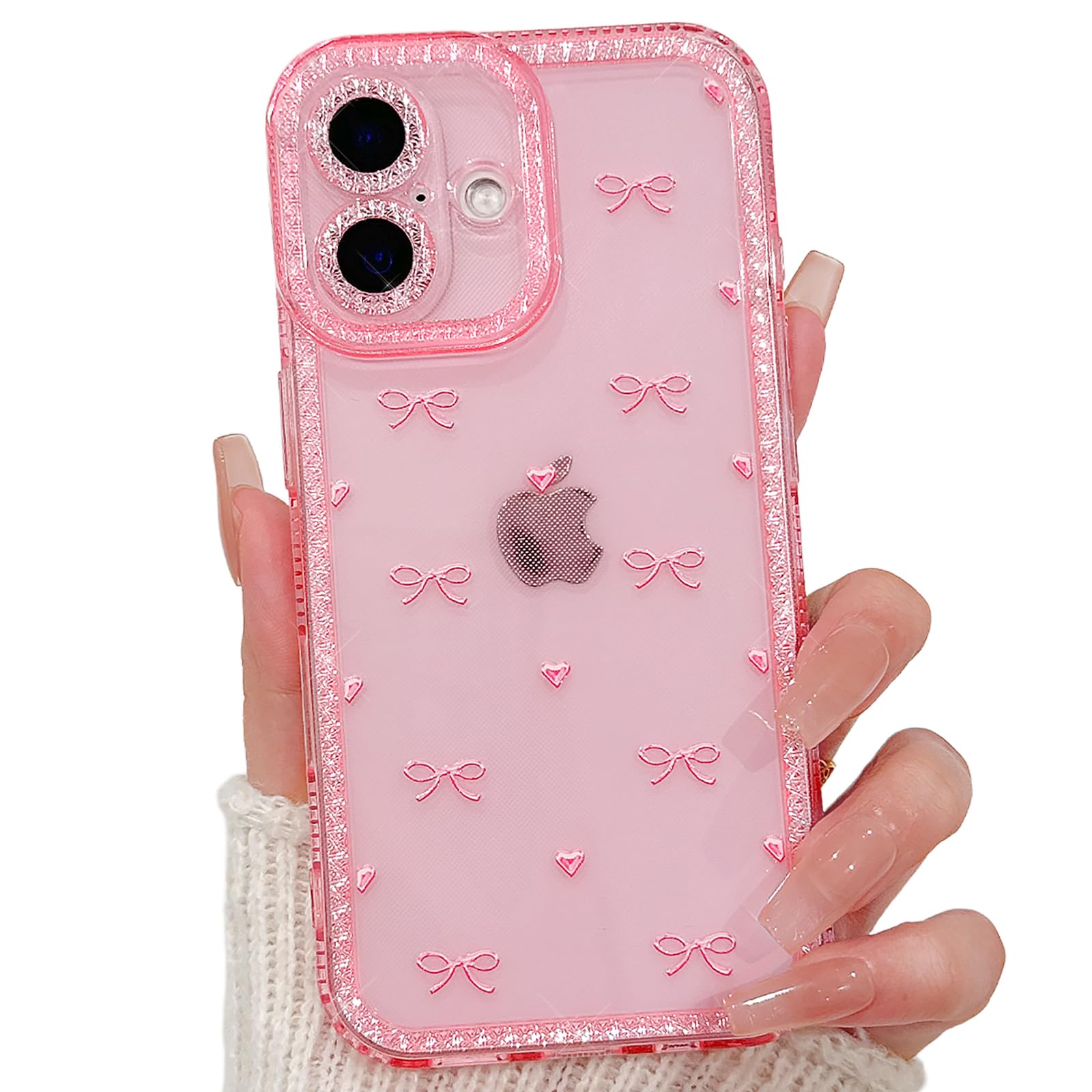NITITOP Compatible with iPhone 16 Plus Case Cute Clear Pink Glitter Bow Knot Design Shiny Star Sparkle Bling Diamond Girls Women Soft TPU Shockproof