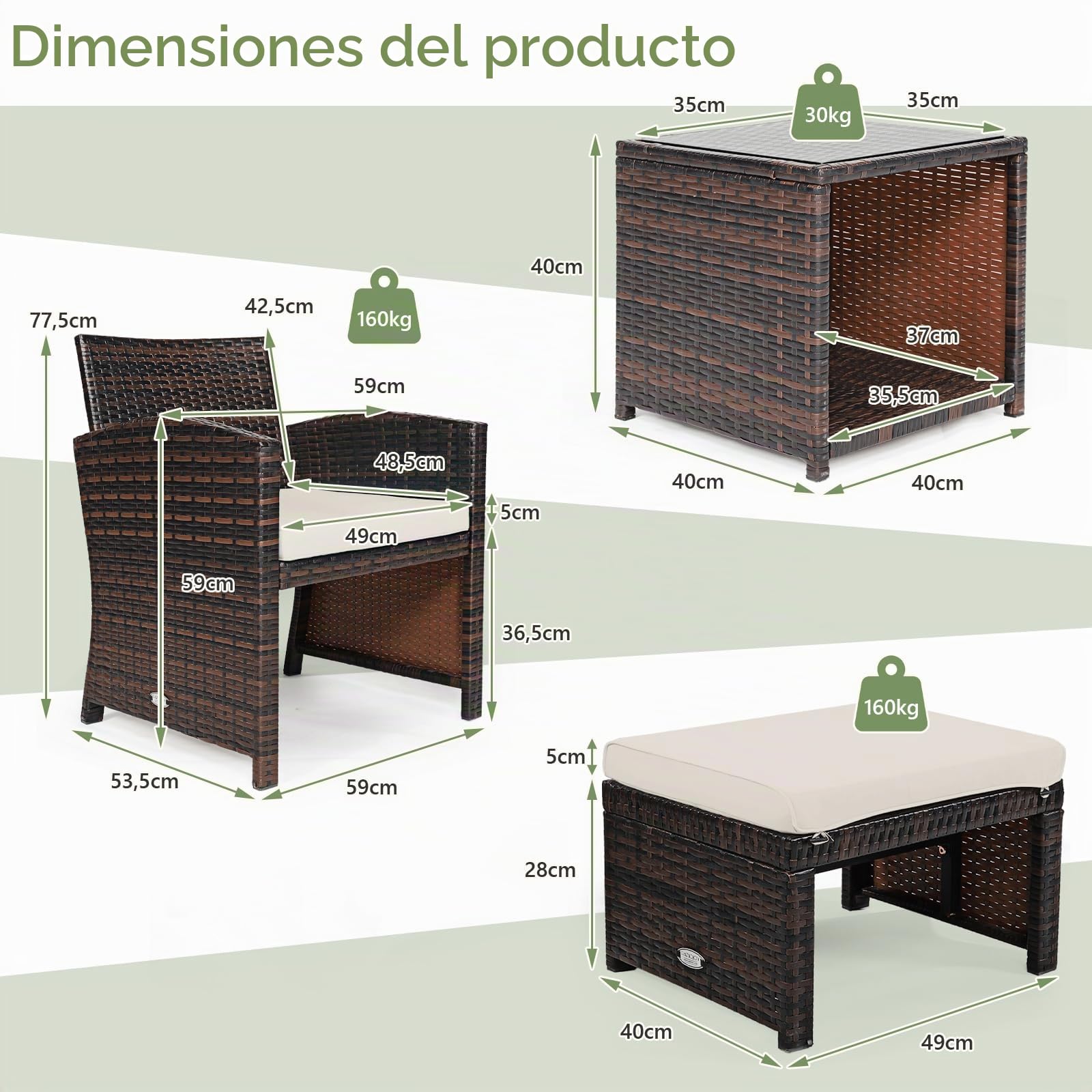 GIANTEX Juego de Muebles de Ratán para Exterior, Conjunto de Muebles 5 Piezas, 2 Sillones con Cojines, 2 Reposapiés y 1 Mesa de Café, Mesa con Espacio de Almacenamiento, para Terraza, Patio (Blanco)