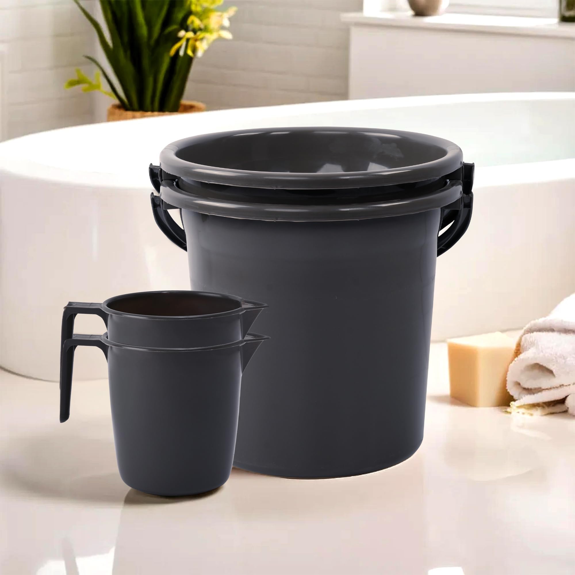 Kuber Industries Set of 4 Bathroom Combo Set | Bathware Set | 2 Piece Bucket & 2 Piece Mug Combo Set for Bathroom | Bathing Combo Set | Modern Bathroom Accessories Set | Gray