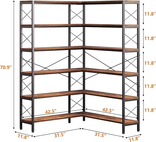 Miniatura 3 de Estantería esquinera industrial en forma de L, 6 niveles con marco de metal para sala de estar, oficina en casa (marrón retro, grande)