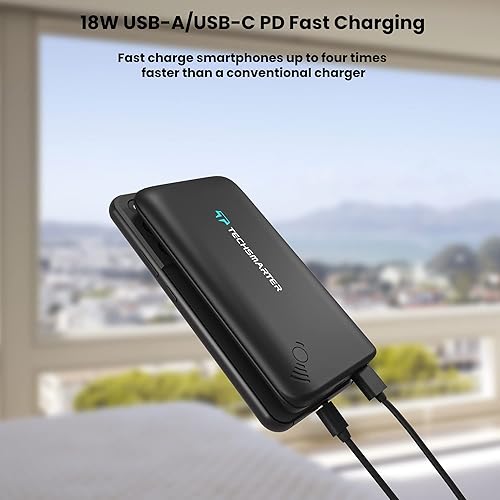 Miniatura 4 de Techsmarter Cargador portátil inalámbrico USB-C PD Qi de 12000 mAh 18 W con potentes ventosas Compatible con iPhone 12 11 SE 2020 X XR XS 8 Samsung