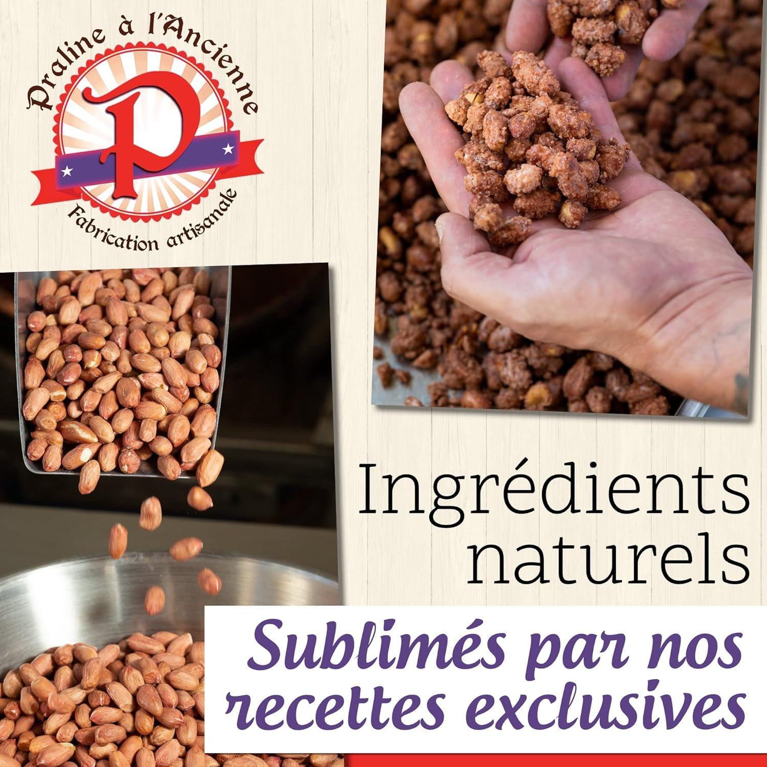 Pralines à l'Ancienne – Caja de regalo de Pralines «L'exotique» – Cochus dulces artesanales – 3 bolsas de regalo – Cacahuetes, Pistachos, Pecan – Fabricado en Francia