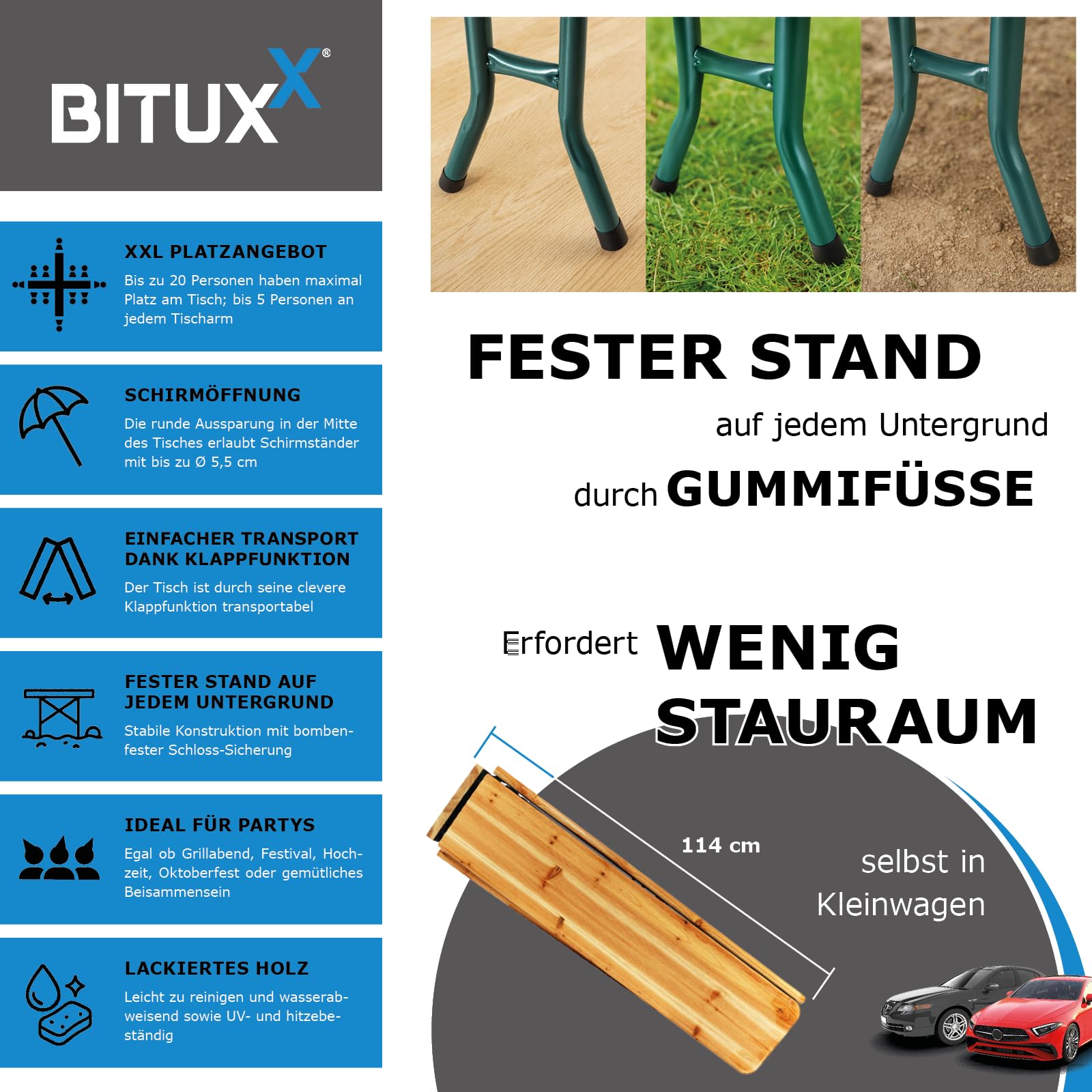 BITUXX Bierzeltgarnitur Festzeltgarnitur Biertisch Kreuztisch Stehtisch Quattro klappbar Kreuzform 241cm mit Schirmständer