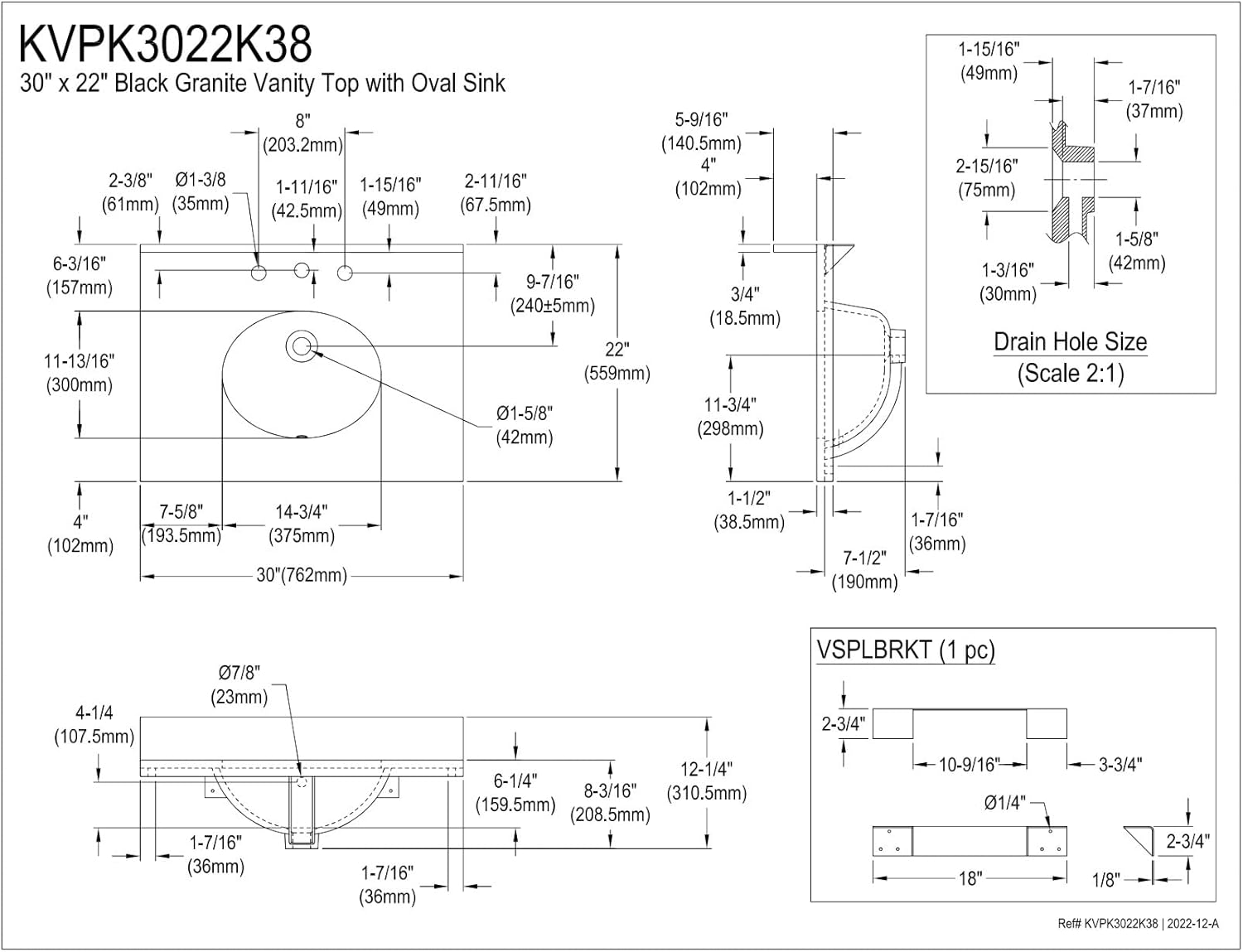 Kingston Brass KVPK3022K38 Templeton 30-Inch Black Granite Vanity Top (8" Faucet Drillings) in Black/White