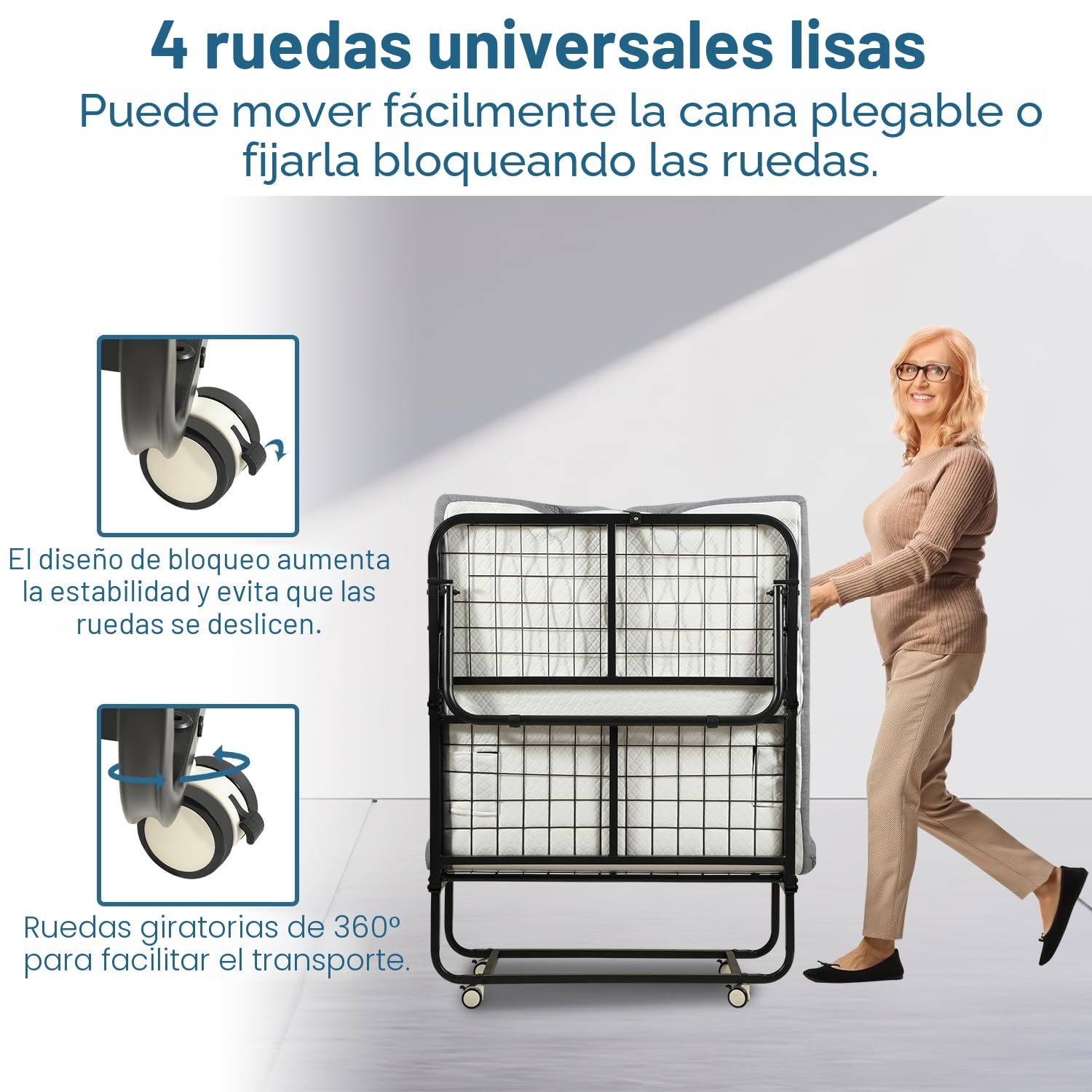 Daromigo Cama plegable de 90 x 200 cm, colchón 13 cm, individual metálica 4 ruedas, 150 kg, dormitorio/salón
