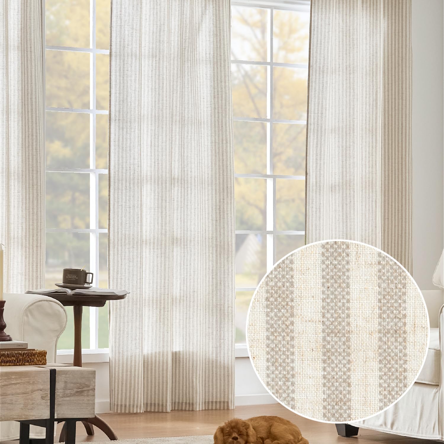 jinchan Linen Curtains Taupe Grey on Beige Striped Curtains for Living Room Bedroom Ticking Stripe Light Filtering Farmhouse Cottage Core Rustic Back Tab Window Treatment 2 Panels 63 inches Long