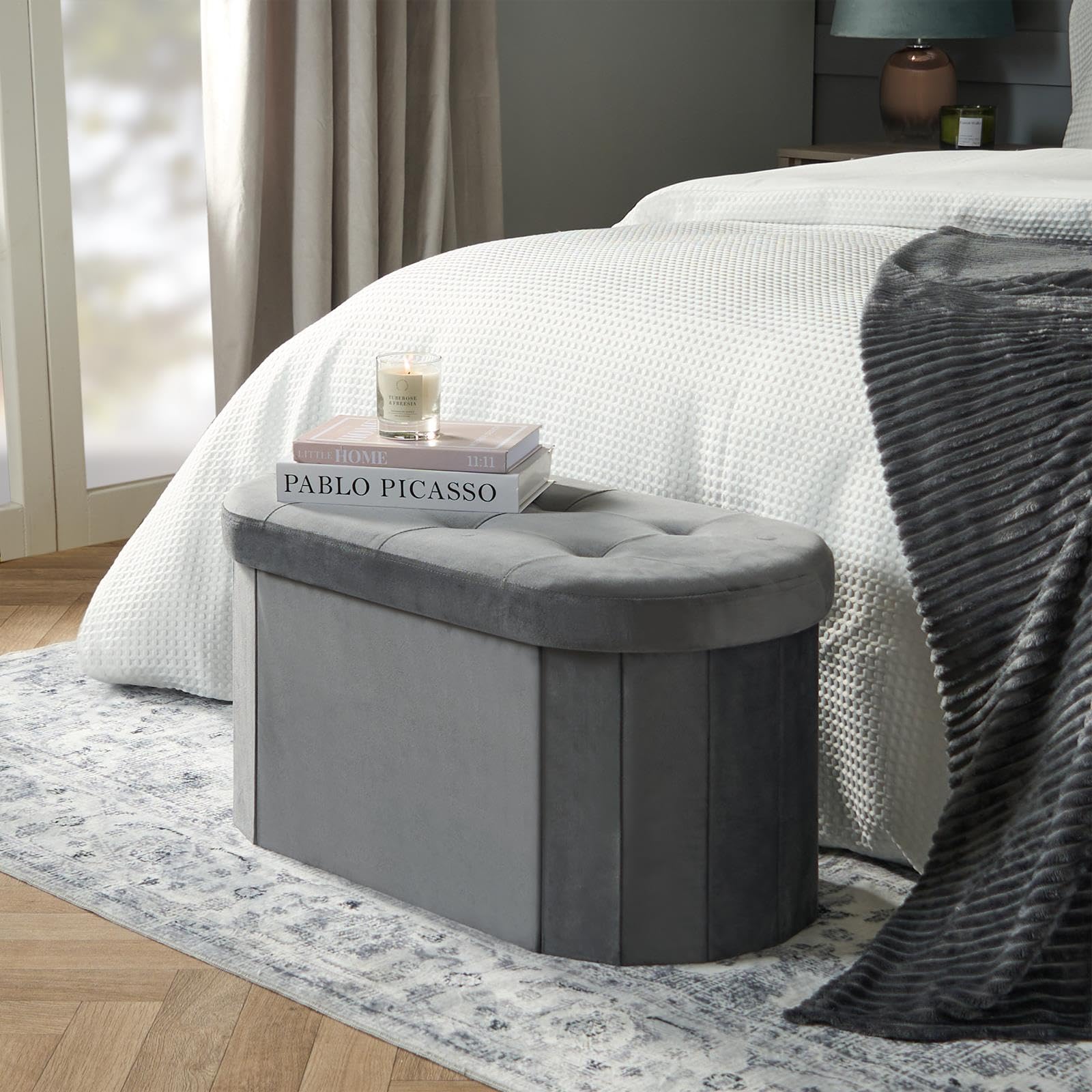 OHS Ottoman Storage Box Matte Velvet Lozenge Storage Ottoman Bench, Upholstered Footrest with Hidden Storage For Livingroom Bedroom Entryway, Charcoal
