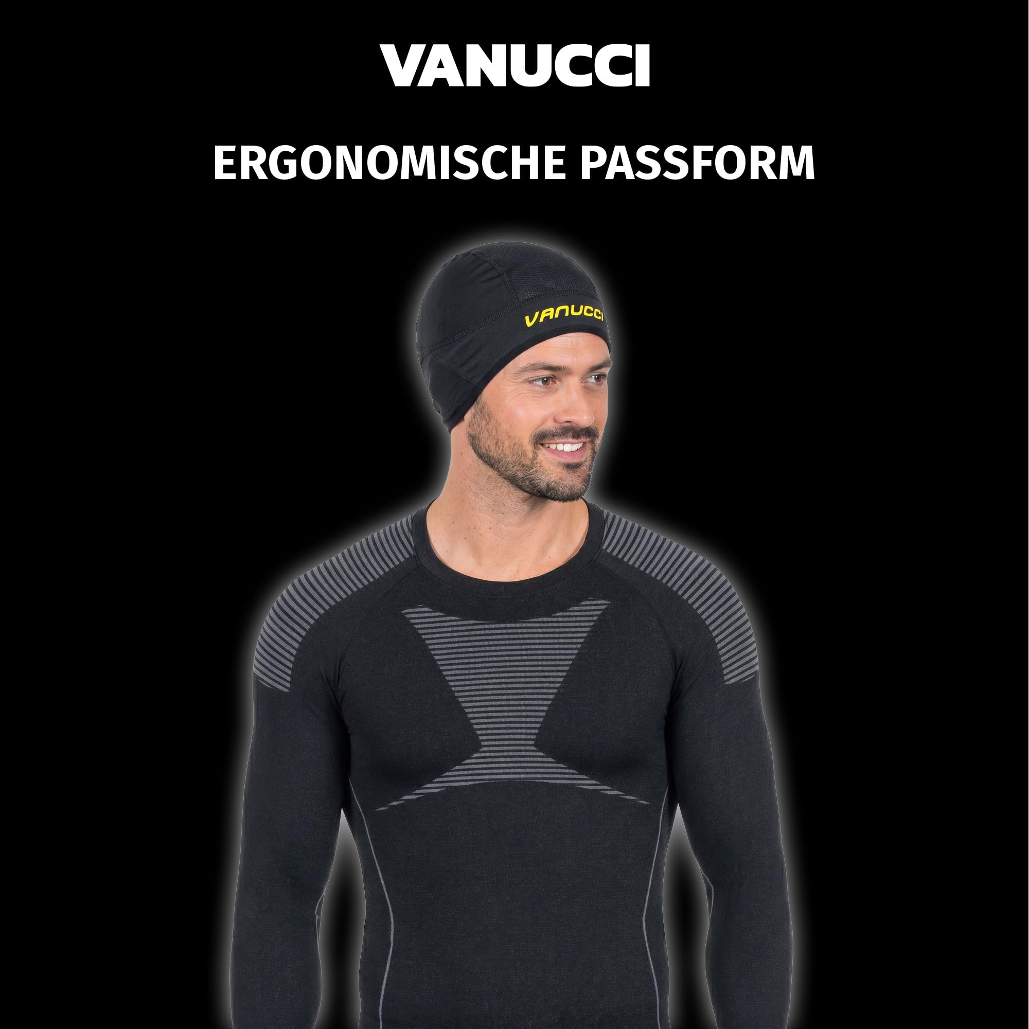 Vanucci Unterziehmütze Sommer für Helm – Atmungsaktive Helm-Unterziehmütze als Cap/Skullcap/Headcap für Motorradhelm & Fahrradhelm, Mütze unter Helm, Unisex, Schwarz