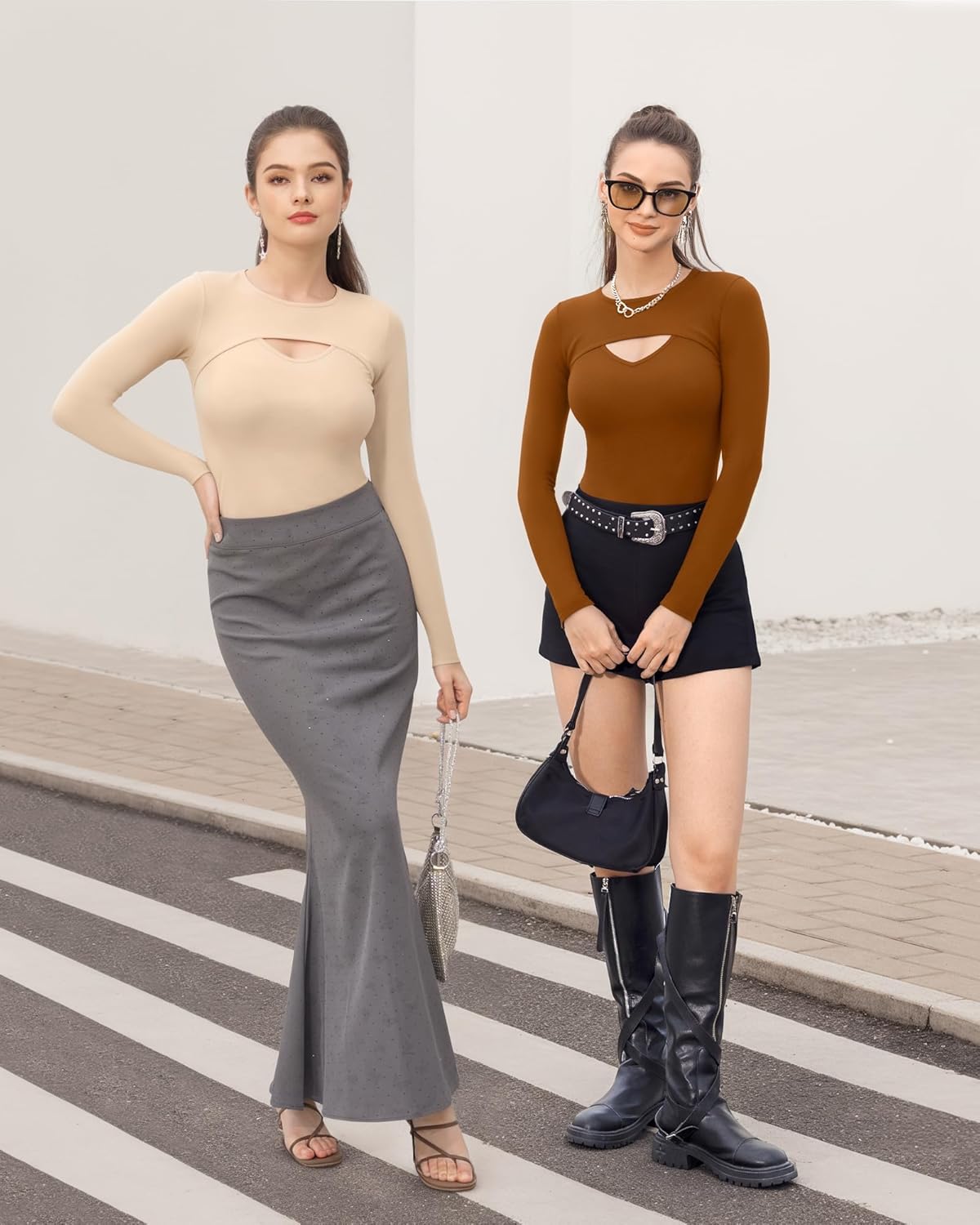 HERLOLLYCHIPS Womens Long Sleeve Tops Short Sleeve Cut Out Front Ribbed Fitted Sexy Casual Dressy Fall Tee T-Shirts Tshirt - Image 4