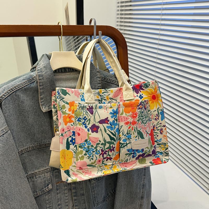 Image of Cherry Tote Bag for Women Canvas Patched Purse Cute Shoulder Bag Multi-Pocket Satchel Handbag for work travel