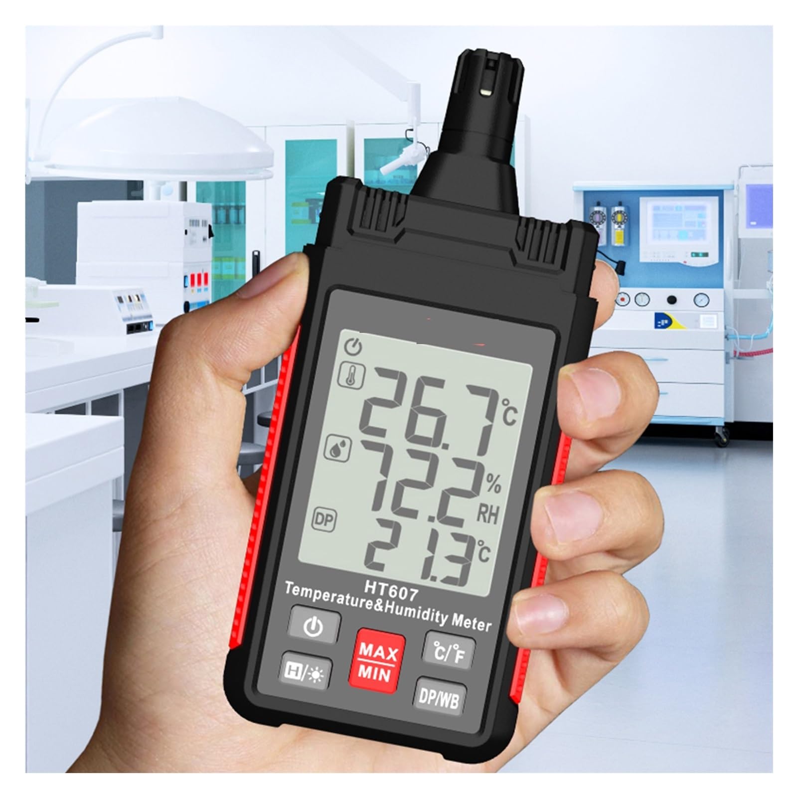 Higrómetro digital HT607 - Medidor de temperatura y humedad con pantalla LCD, psicrómetro for medición de punto de rocío y bulbo húmedo