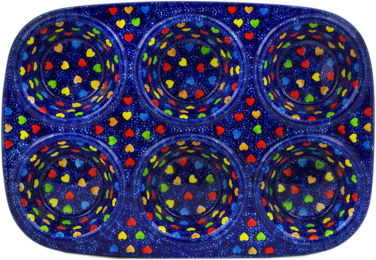Polmedia Polish Pottery Muffin Pan UNIKAT - Colourful Dot Show Pattern Handmade in Boleslawiec Poland by Ceramika Artystyczna + Certificate of Authenticity