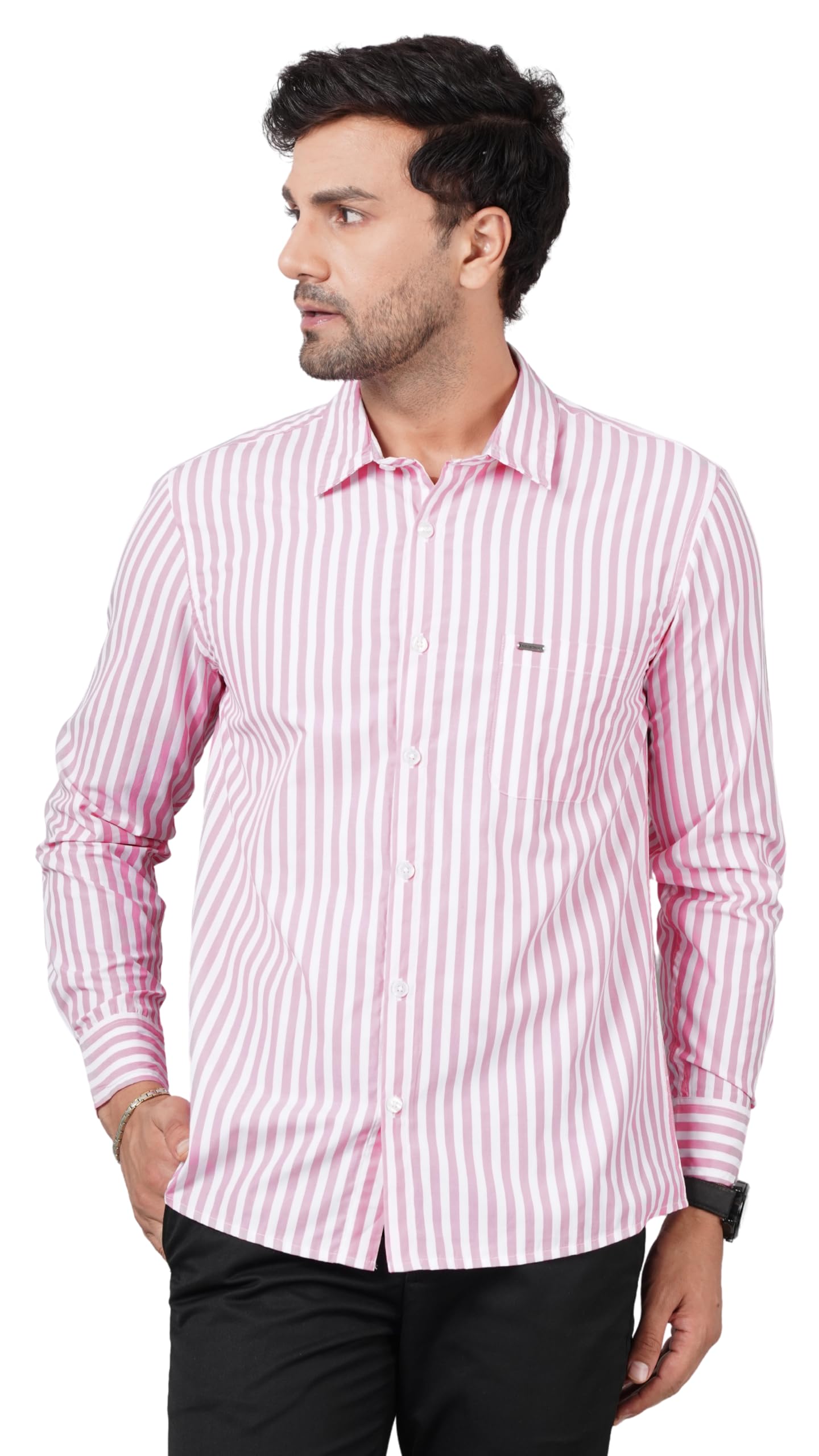 Striped Pattern Spread Collar Full Sleeve Shirt_Brown & White-image-17