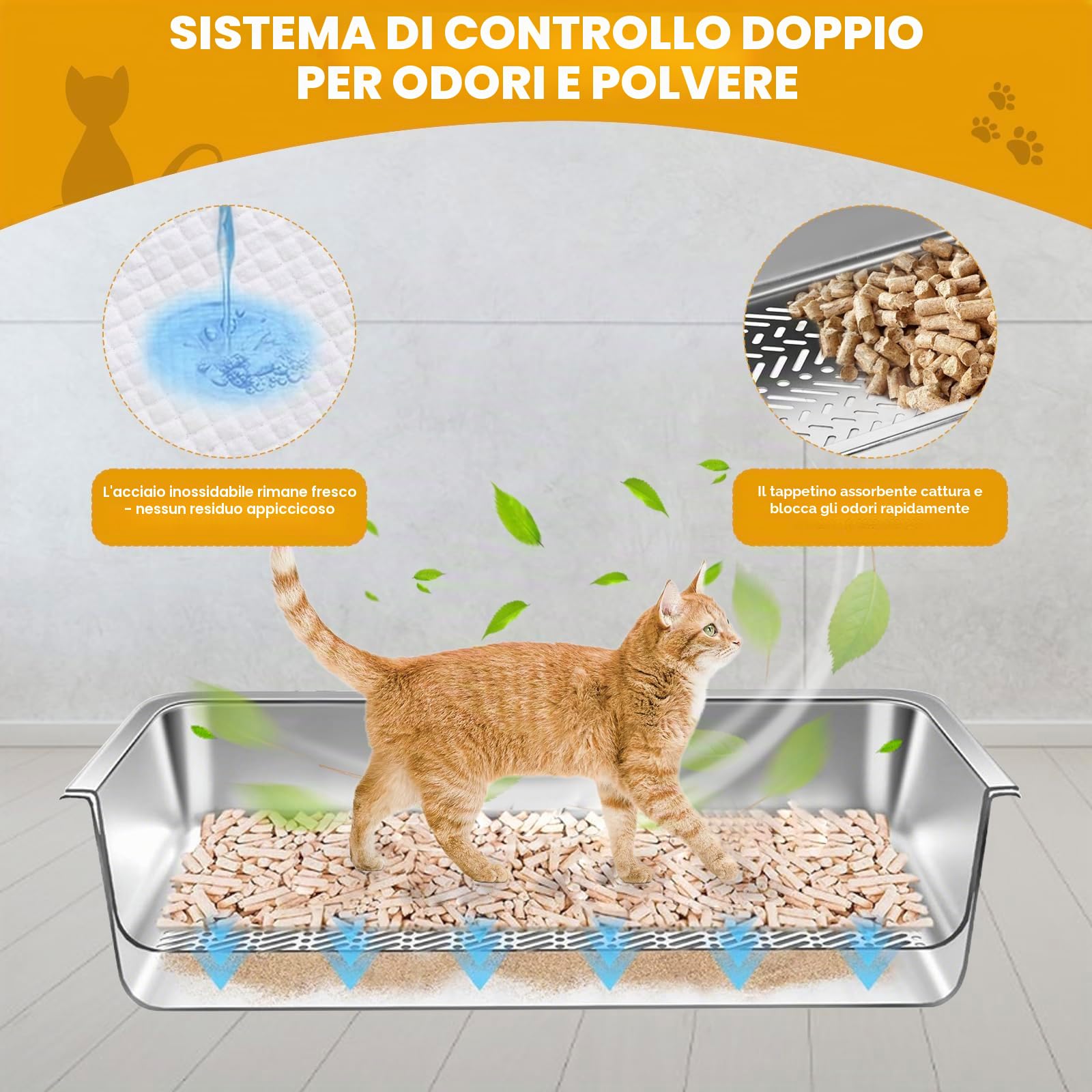 Gabinetto per lettiera in acciaio inossidabile con coperchio, grande vassoio per riempimento per lettiera per gatti con pellet di pino e gatti di piccola taglia (20 cm)