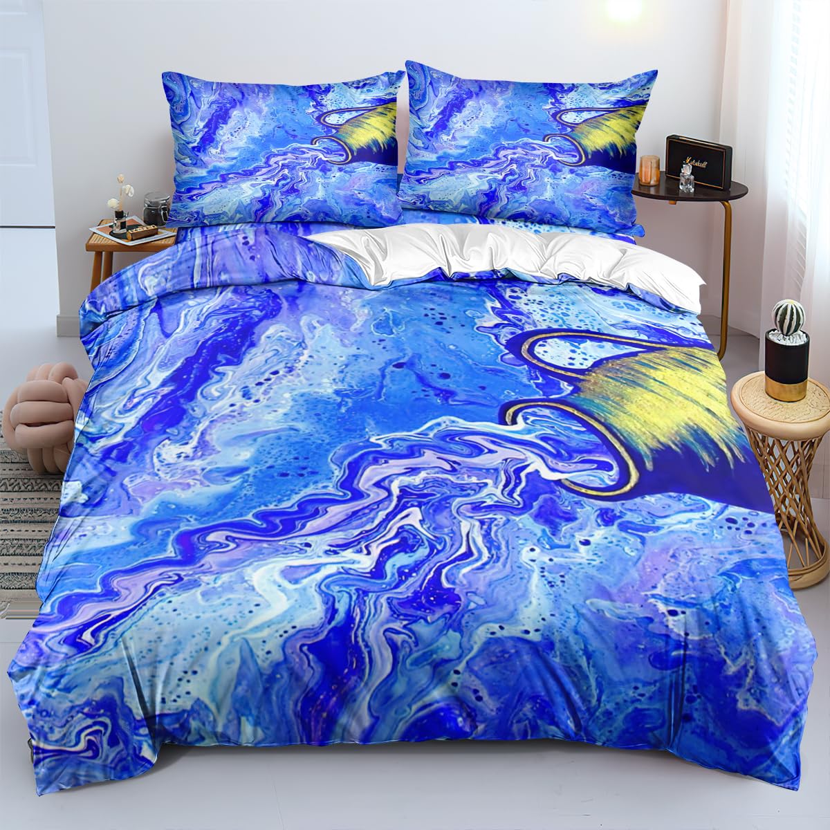 Colcha Cama 135 Azul Arena Dorada Funda Nordica 135 Microfibra Colcha Cama 135 Invierno Antiarrugas Colcha Invierno Cama 135,Cremallera Funda Nordico+2 Funda Almohada 50x75cm