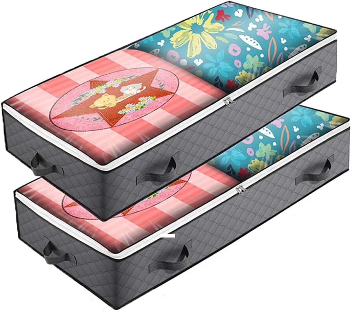 Under Bed Storage Box 2 PC Foldable Underbed Bag Blanket Clothes Quilt Organizer Breathable Zipper Storage Bag for Bedroom(Grey)