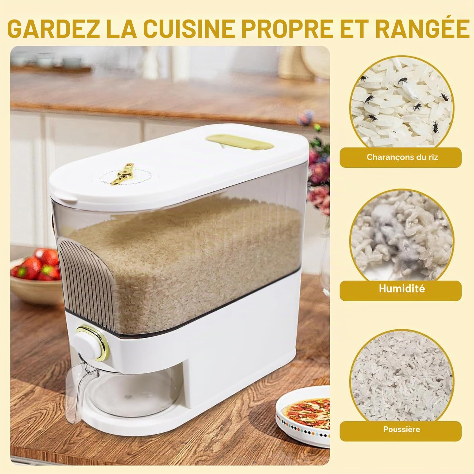 Distributeur de riz 5 kg avec verre doseur – Récipient à riz hermétique avec échelle de temps – Récipient à céréales pour cuisine, garde-manger et aliments secs – Sans BPA