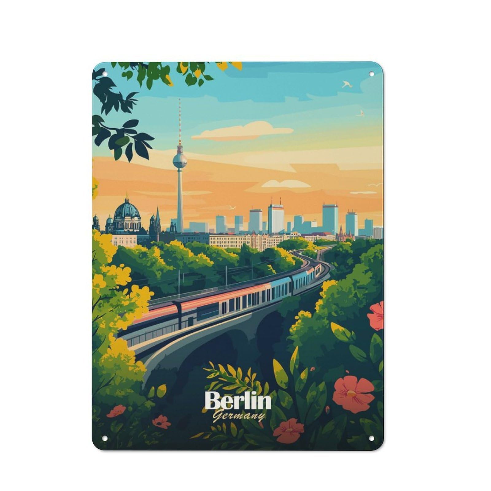 Junmoney Style-14 Berlin Cityscape With Train Metal Wall Sign 40X30cm, Retro Decor For Workshop Wall, For Garage, Workshop And Man Cave Decoration