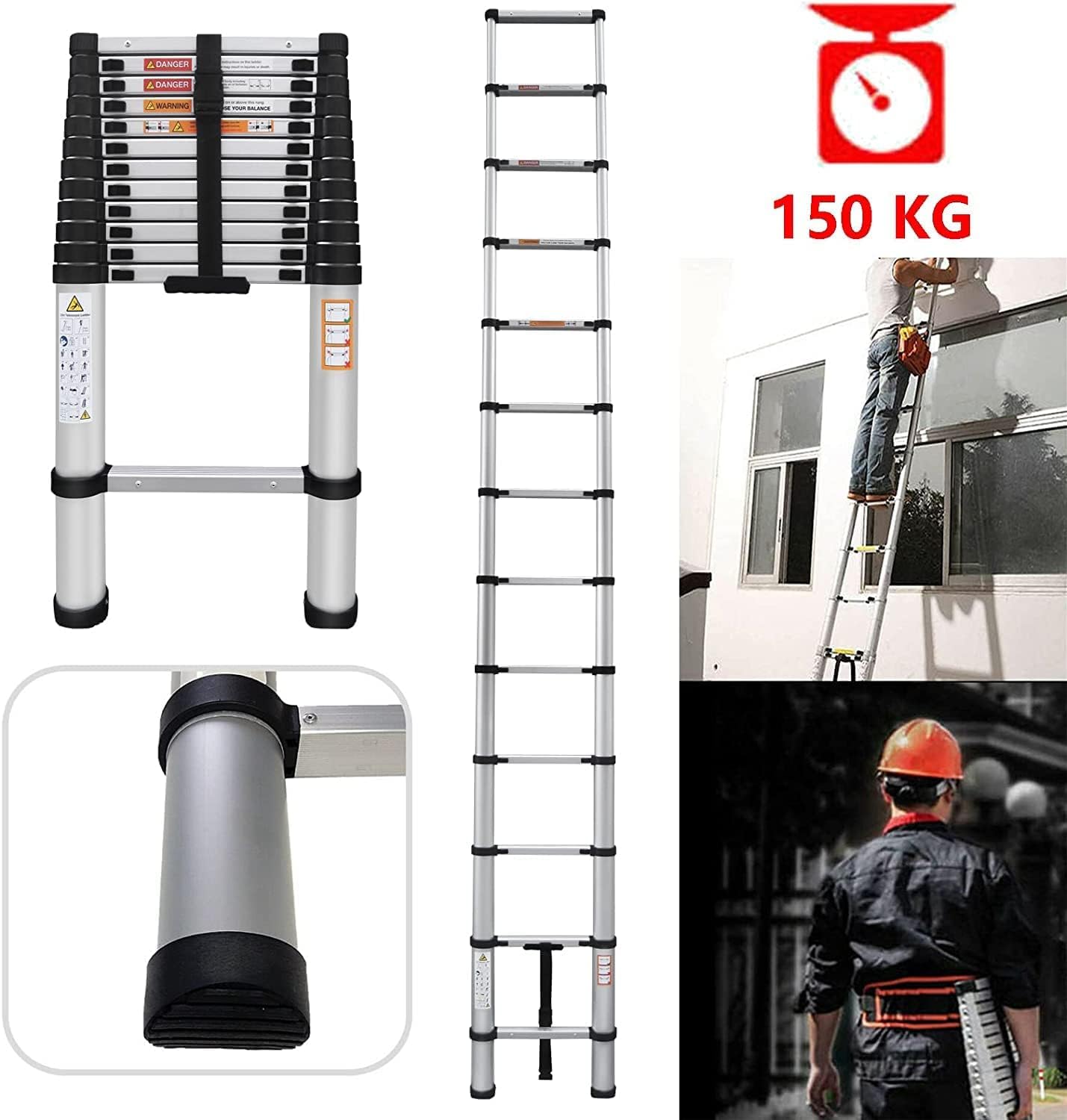Drabina teleskopowa z chowanymi szczeblami, składana aluminiowa teleskopowa drabina rozkładana, nośność 150 kg (4,4 m)