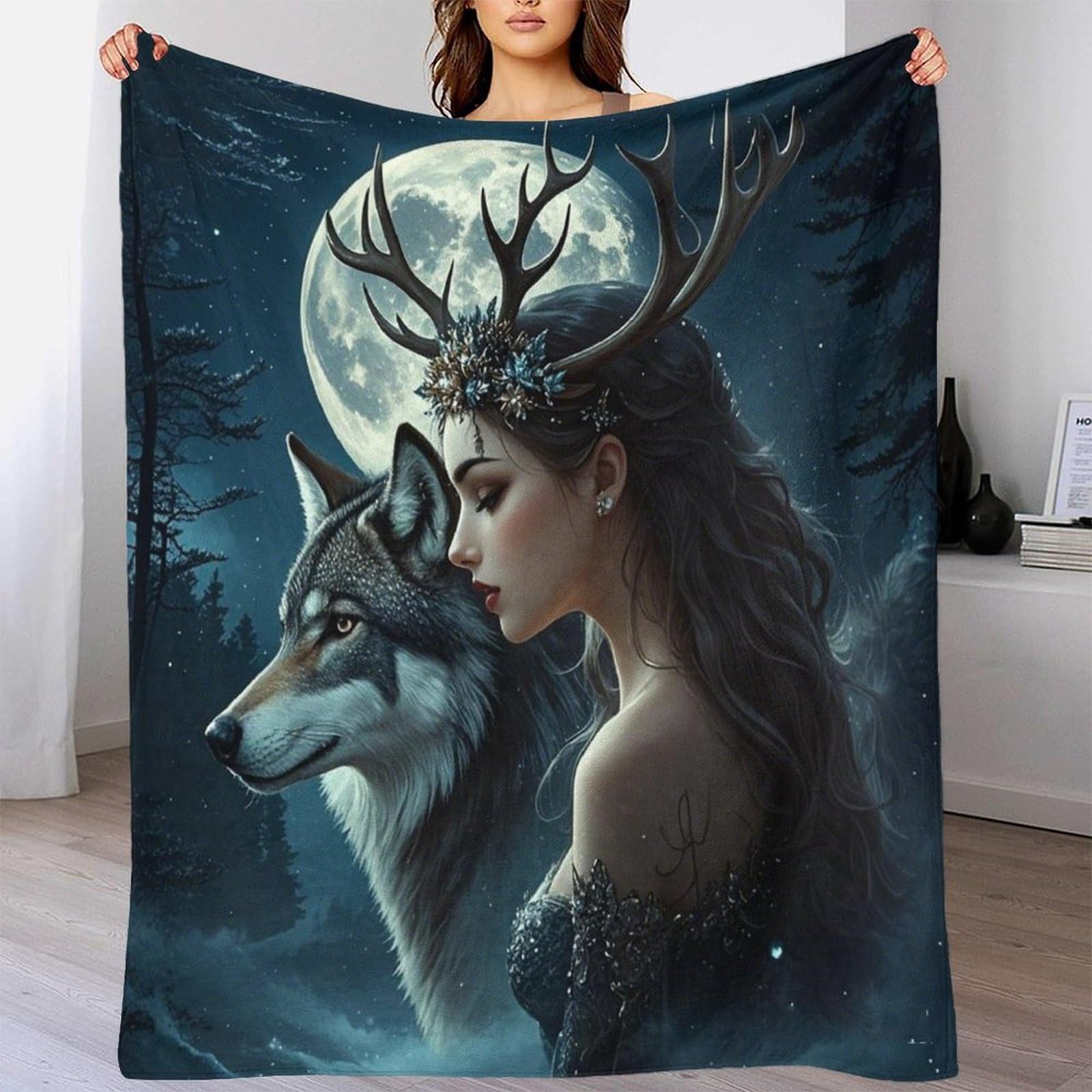 Lililaobiao Girls Gray Wolf & Extra Large Soft Fleece Throw Blanket, 70X80inch(180X200cm) Stylish Full Moon Printed Throw Blankets For Couch, Fuzzy Cozy Lightweight For All Season