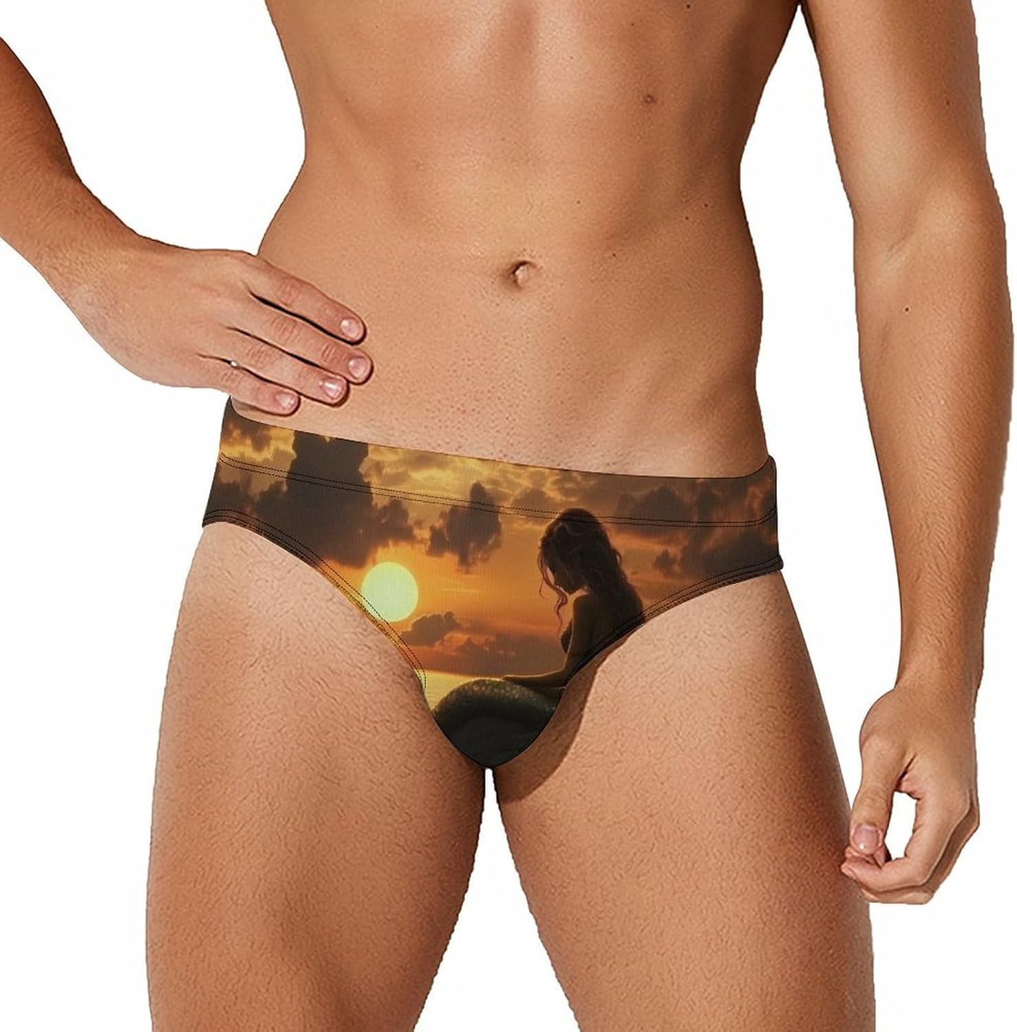 Mermaides Sitting on The Rock Men's Swimsuit Brief Sexy Bikini Briefs Retro Printed Swimwear Quick Dry Swimming Trunks XX-Large (xx_l)