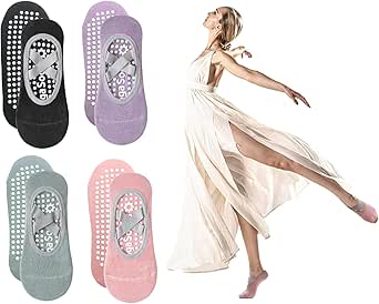 4 Pares Calcetines De Yoga, Mujer Antideslizantes Pilates Calcetines, Algodón Pilates Calcetines Deportivos para Ballet Danza Fitness, Talla 35-39, Gris/Rosa/Negro/Púrpura