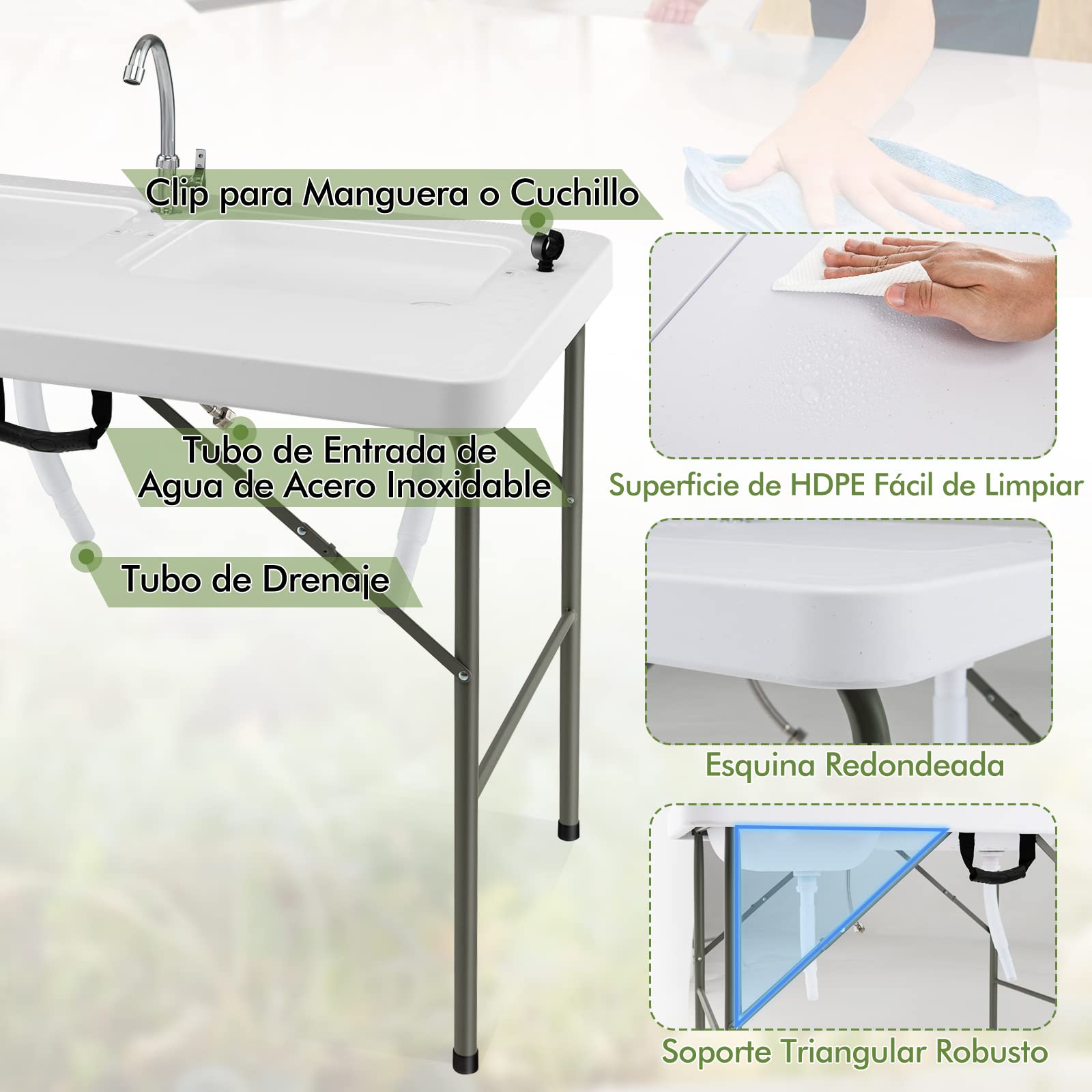 COSTWAY Mesa Plegable Camping, 2 en 1 Mesa+Estación de Limpieza, Grifo Giratorio 360°y 2 Fregaderos para Pesca, Picnic Portátil para Camping, Pesca, Barbacoa, 101,5 x 65,5 x 107,5 cm(Estilo 4)