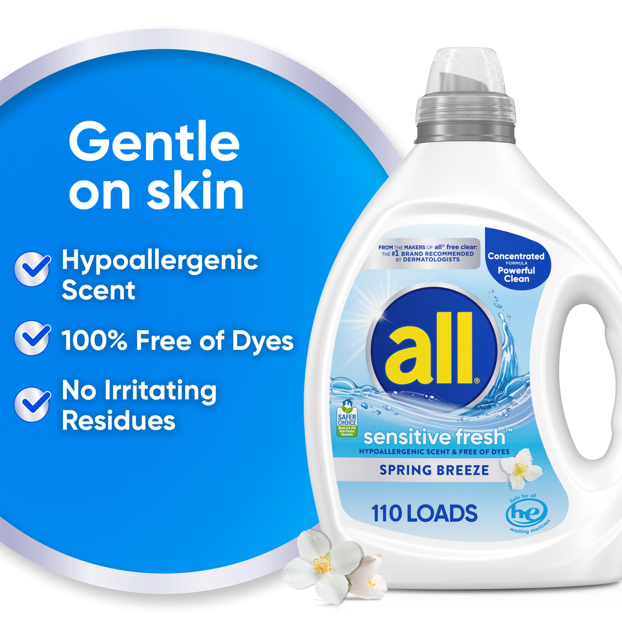 all Sensitive Fresh Detersivo liquido per bucato, ipoallergenico, profumo di brezza primaverile e privo di coloranti, delicato per pelli sensibili, 2,34 g, 110 lavaggi, compatibile con HE