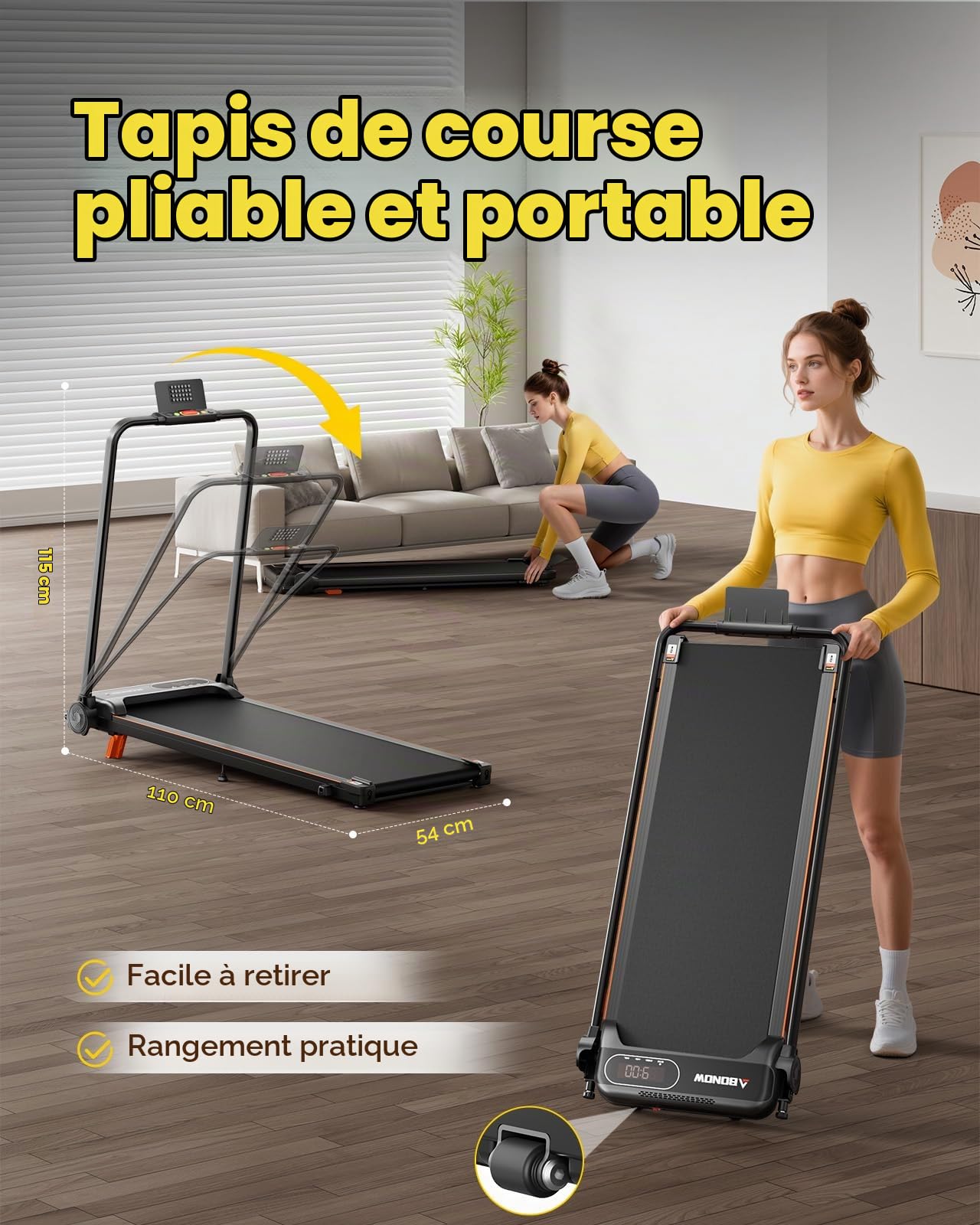 Abonow Tapis de Marche avec Inclinaison Manuelle 8%, Petit Tapis Roulant pour Maison, Tapis de Marche sous Bureau pour Bureau, Moteur 3.0HP 1-10km/h, Pliable, Écran LED, Télécommande Magnétique, sans
