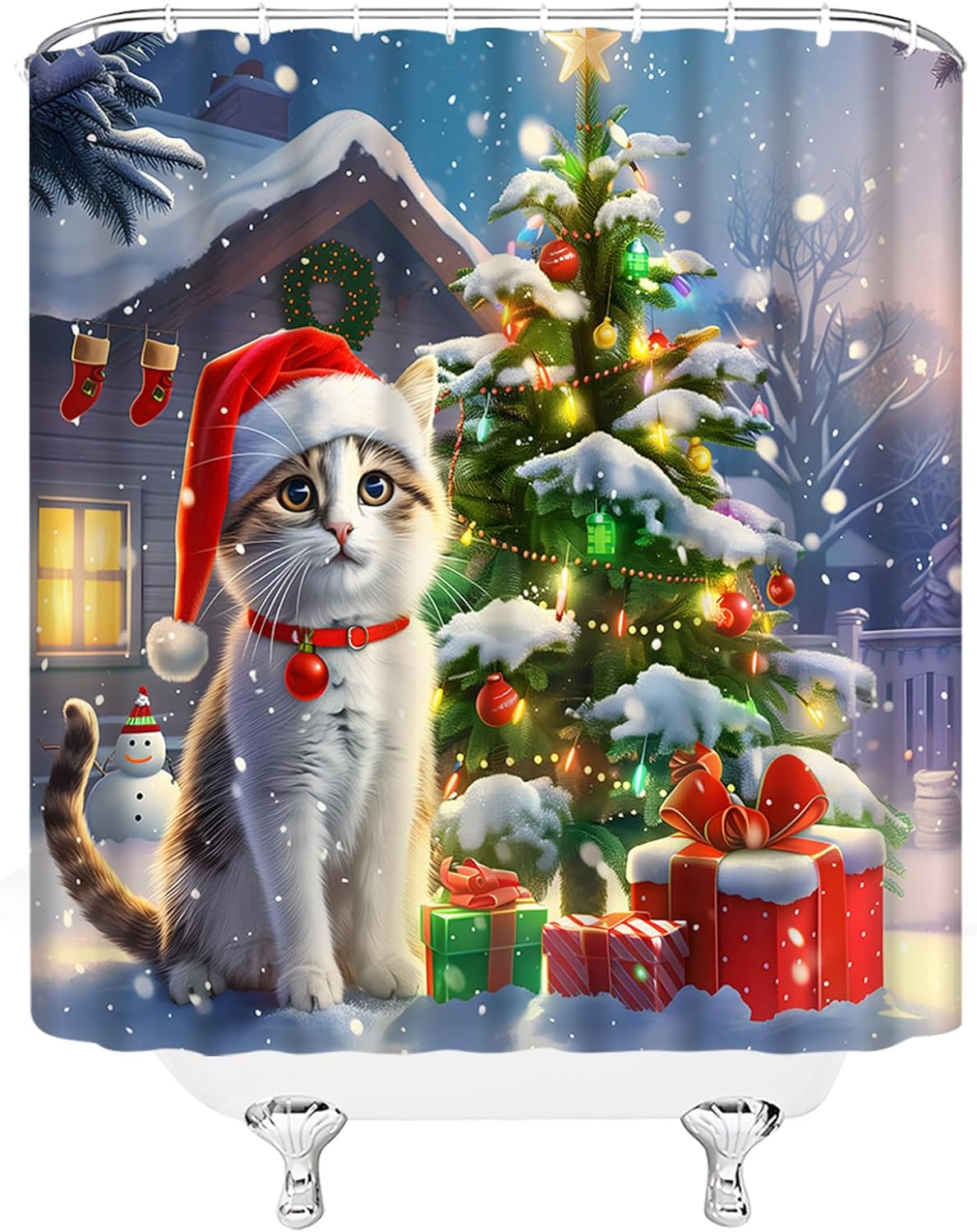 Christmas Cat Shower Curtain Lovely Animal Cat Kitten Colorful Christmas Tree Farmhouse Snowflake Funny Winter Holiday 180" Wx70 H Bathroom Decor Curtain with Hooks