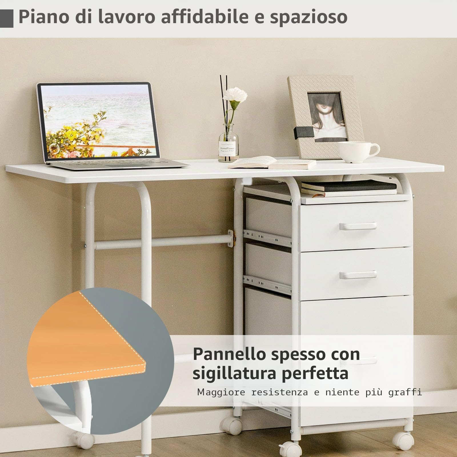 LIFEZEAL 2 in 1 Scrivania Ufficio, Scrivania Mobile Porta Computer, con 3 Cassetti, Piano Pieghevole, 6 Ruote, Salvaspazio, Tavolo, Postazione di Lavoro, Metallo+Legno, Max 100kg, 105x50x75 cm, Bianco