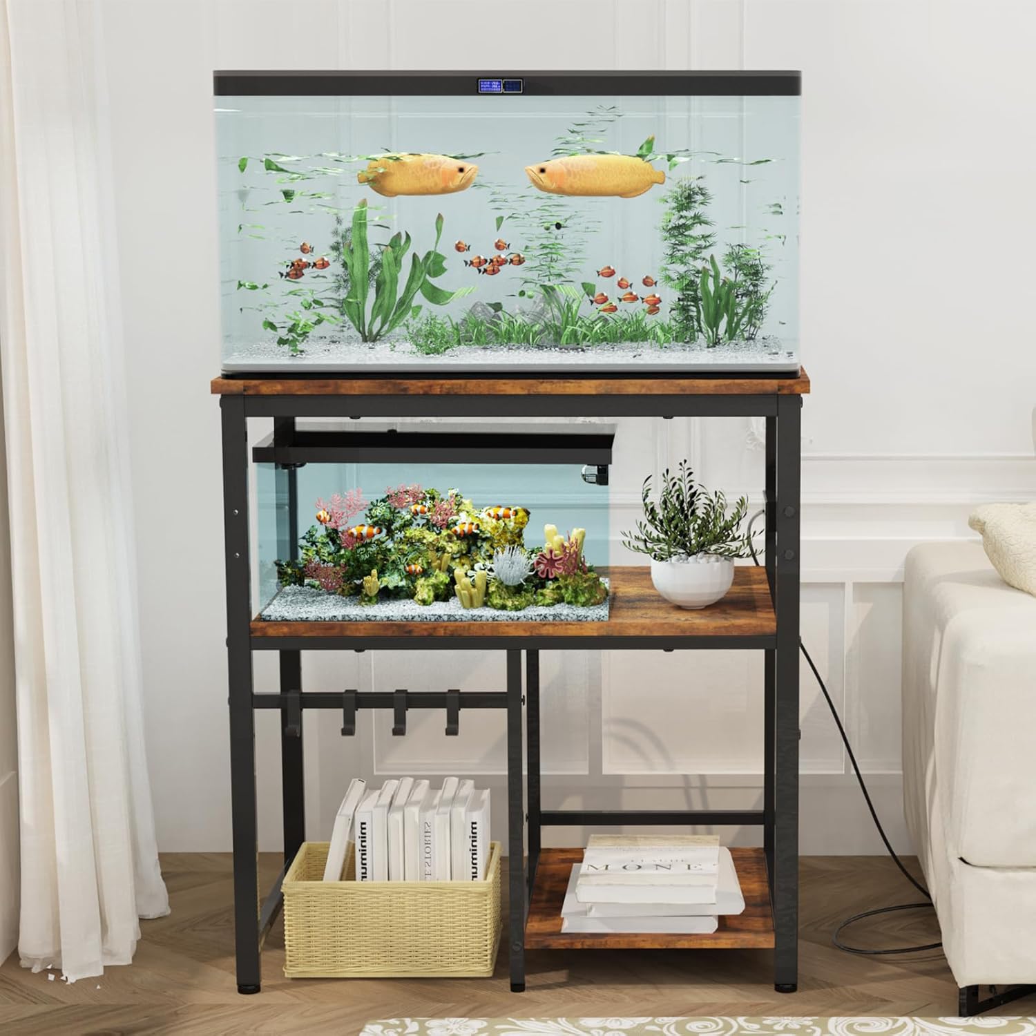 TFK 20-29-37 Gallon Fish Tank Stand, 3-Tier Aquarium Stand with Power Outlet Reptile Tank Stand Heavy Duty Terrarium Stand for Home Office, Brown