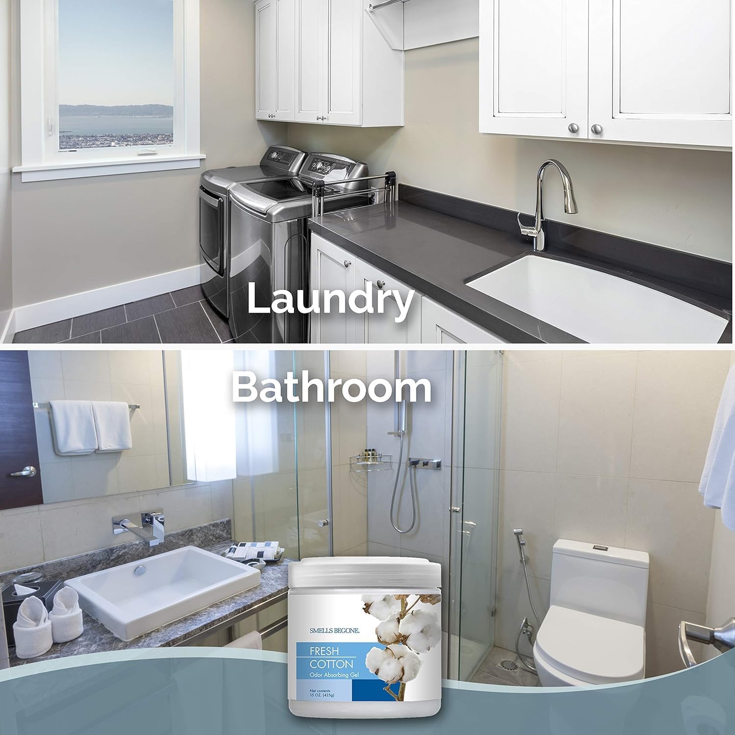 SMELLS BEGONE 15oz Gel Odor Eliminator - Absorb & Remove Tough Odors in Pet Areas, Bathrooms, Basements, Garage, Cars, RVs & Boats - Eliminate Odors Quickly (6-Pack, Fresh Cotton)