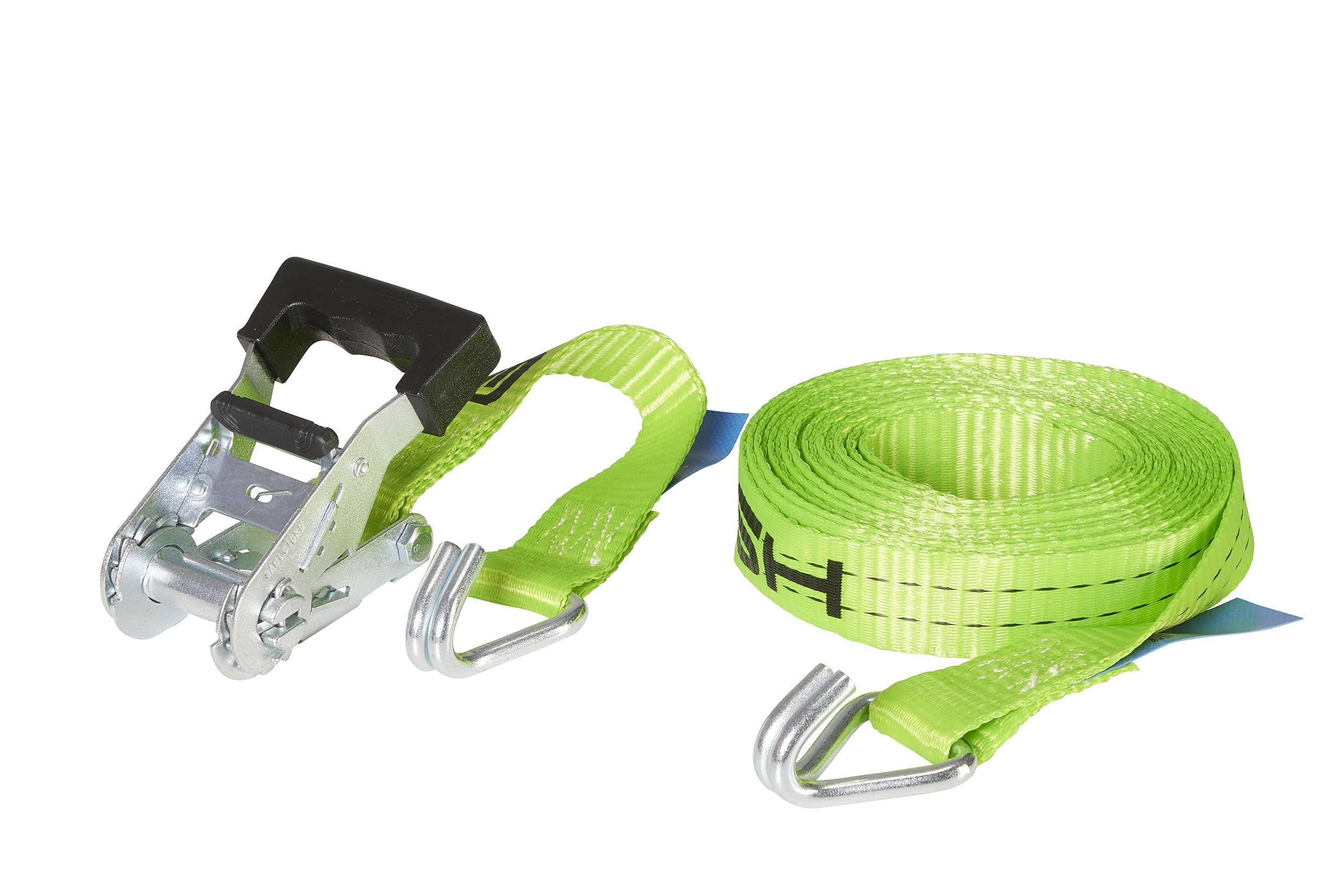 2er-Set ERGOLASH Spanngurte, 6 Meter (6m lang), 35mm breit, Zugkraft LC 1.000 daN, STF 200 daN, Zweiteilige Zurrgurte, Ratschenspanngurte mit Haken in Neon-Grün, gefertigt nach DIN EN 12195-2
