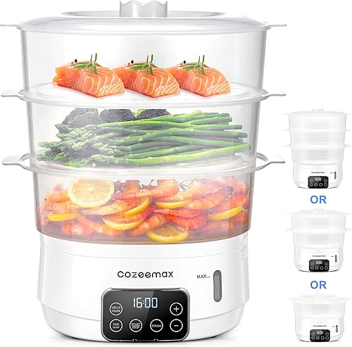 Vaporizador eléctrico de alimentos para cocinar, vaporizador digital de verduras de 13.7 cuartos de galón, 800 W, con 3 niveles, sin BPA, tapas